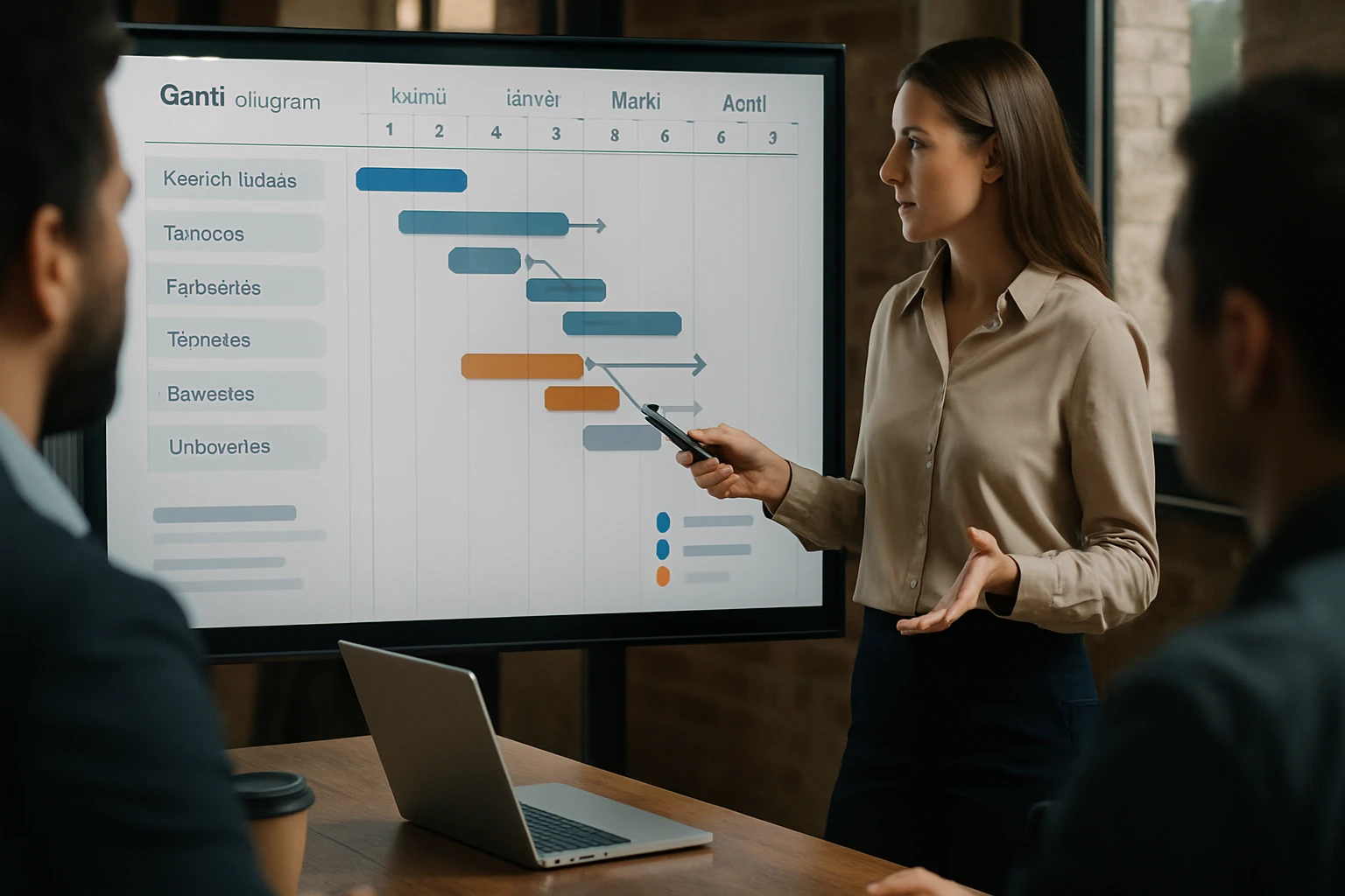 Egy nő prezentál egy Gantt-diagramot egy értekezleten, háttérben laptop.
