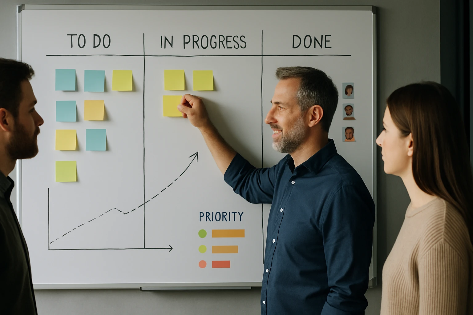 Egy férfi poszt-it cetliket helyez el egy projektmenedzsment táblán.