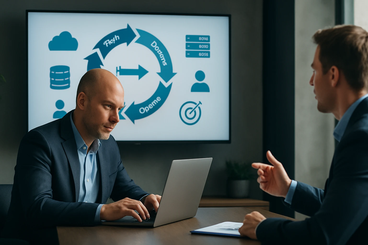 Két üzletember egy tárgyalóban, laptop előtt, prezentációval a háttérben.