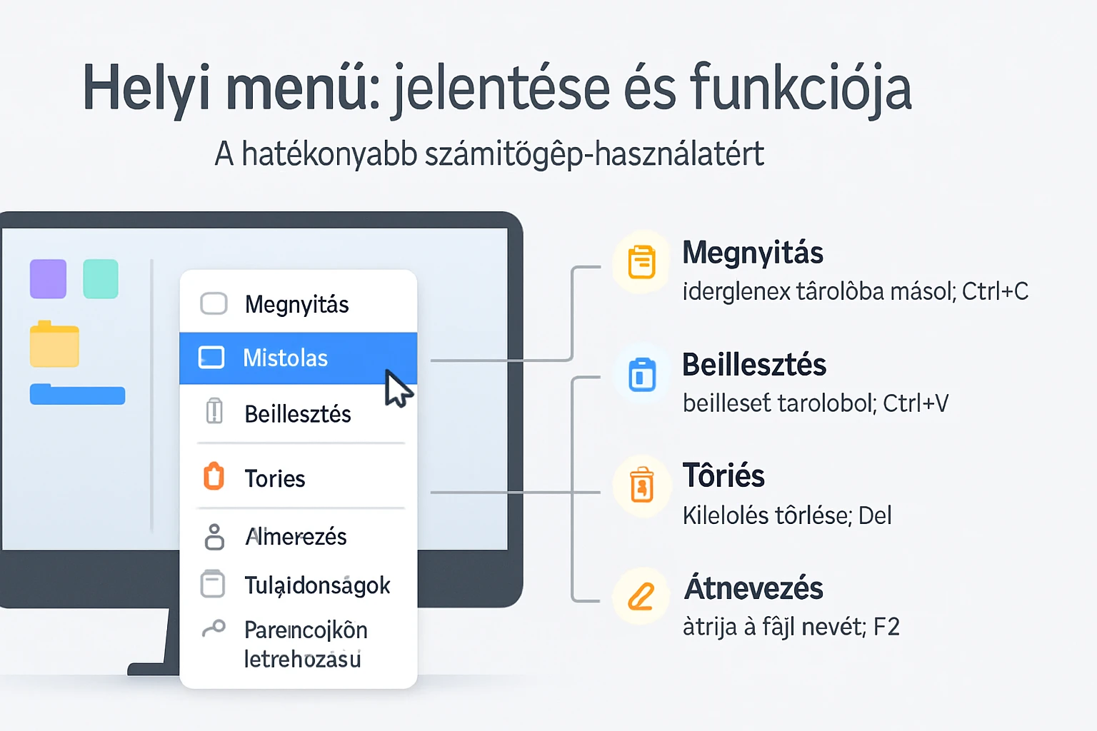 Egy számítógép képernyője, helyi menü opciókkal, mint a 'Megnyitás' és 'Törlés'.