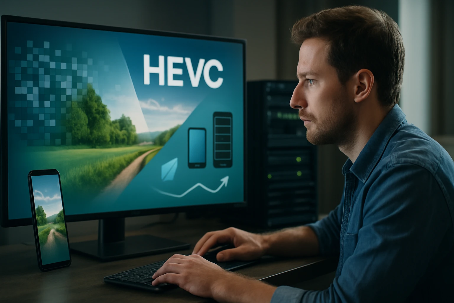 Egy férfi HEVC technológiát bemutató képernyő előtt ül, okostelefonnal.