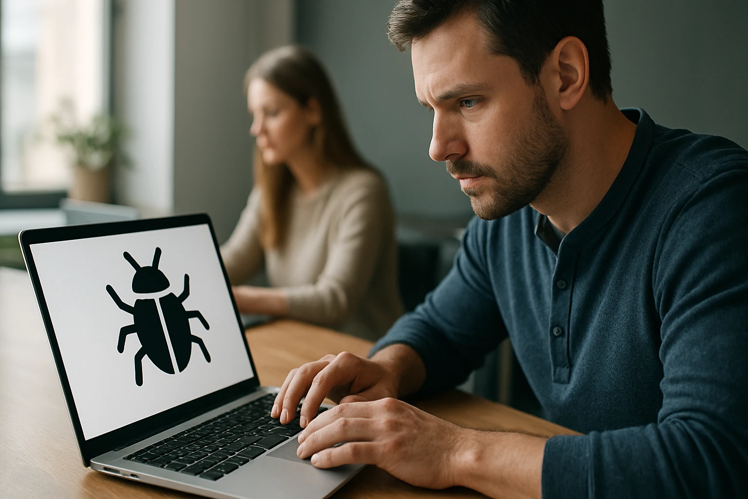 Egy férfi koncentrálva dolgozik a laptopján, amelyen egy bogár ikon látható.