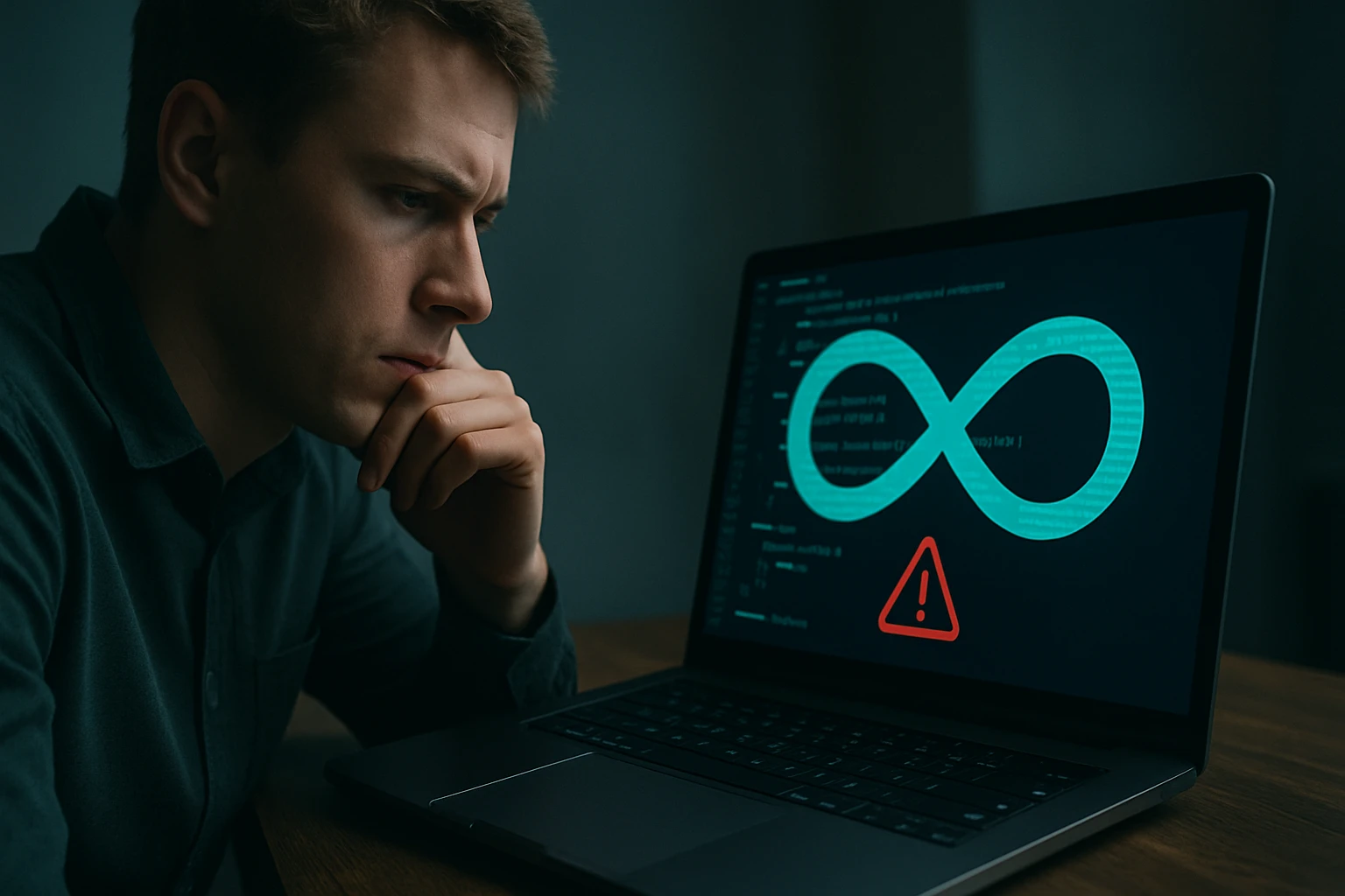 Egy fiatal férfi gondolkodik a laptopja előtt, amelyen hibaüzenet látható.