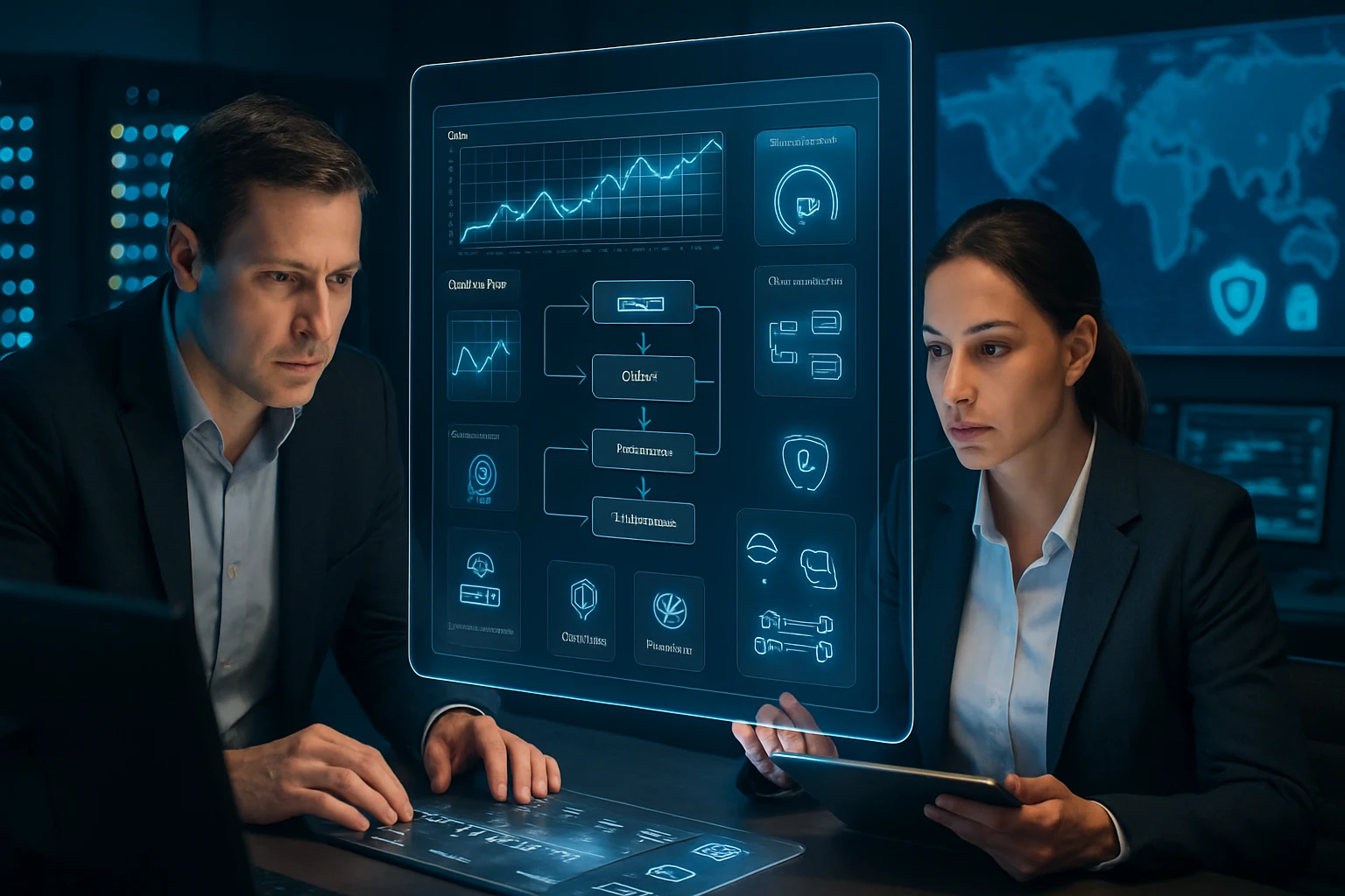 Két szakember egy holografikus kijelzőn elemzi az adatokat és grafikonokat.