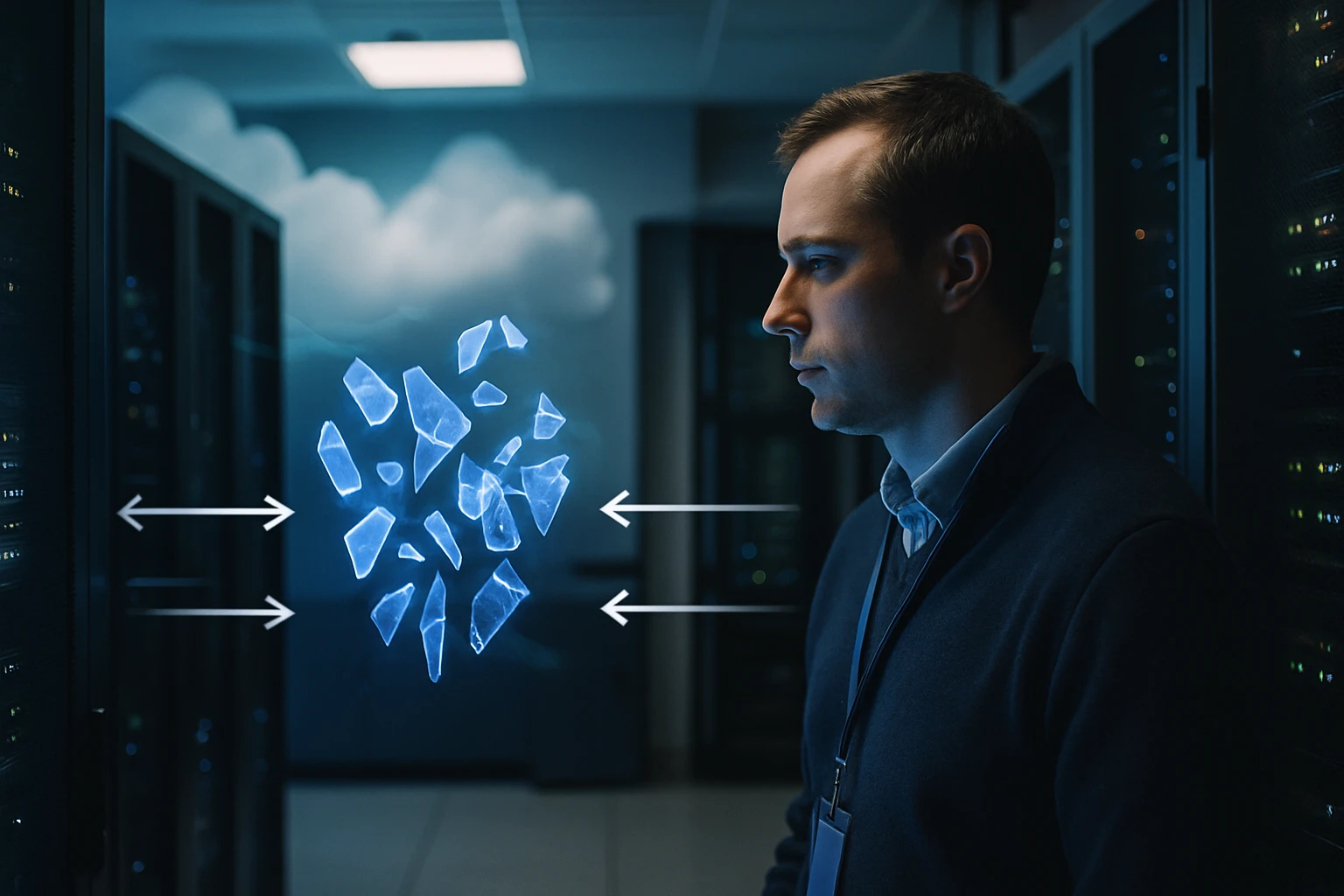 Egy férfi figyel egy holografikus adatfeldolgozási folyamatot a szerverek között.