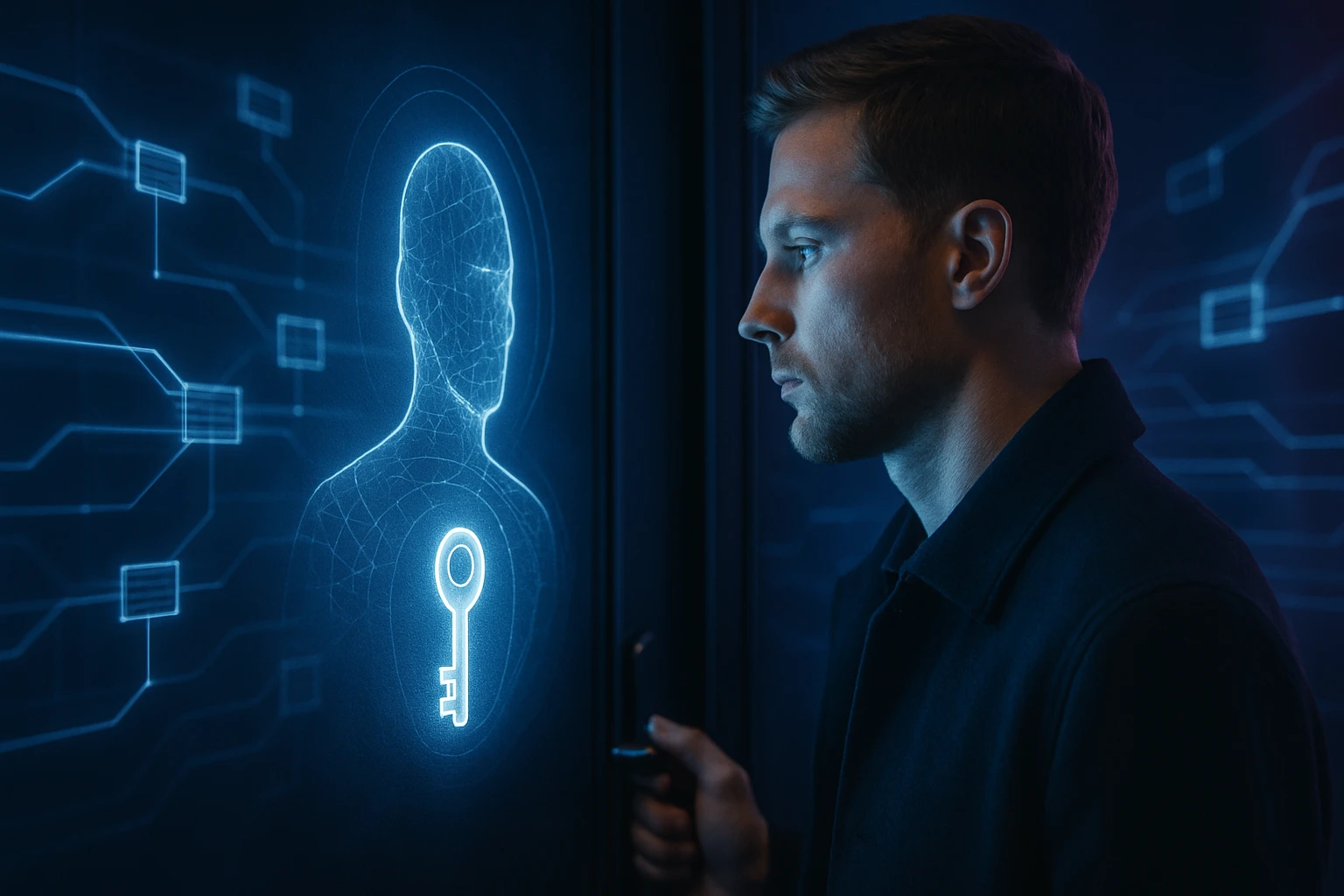 Egy férfi néz egy holografikus kulcsot ábrázoló képet, háttérben digitális áramkörökkel.