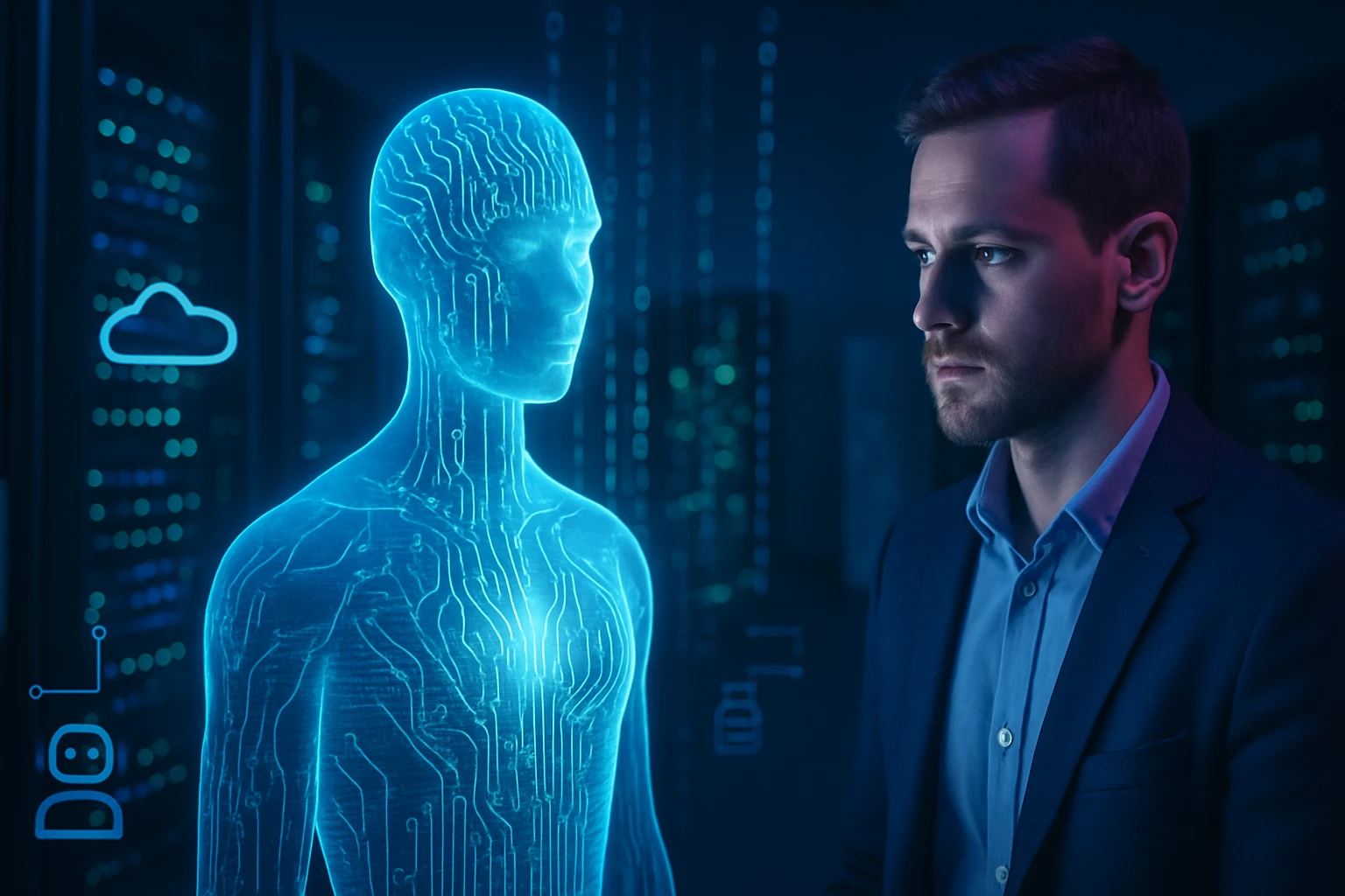 Egy férfi néz egy holografikus, digitális humanoidra sötét háttérben.