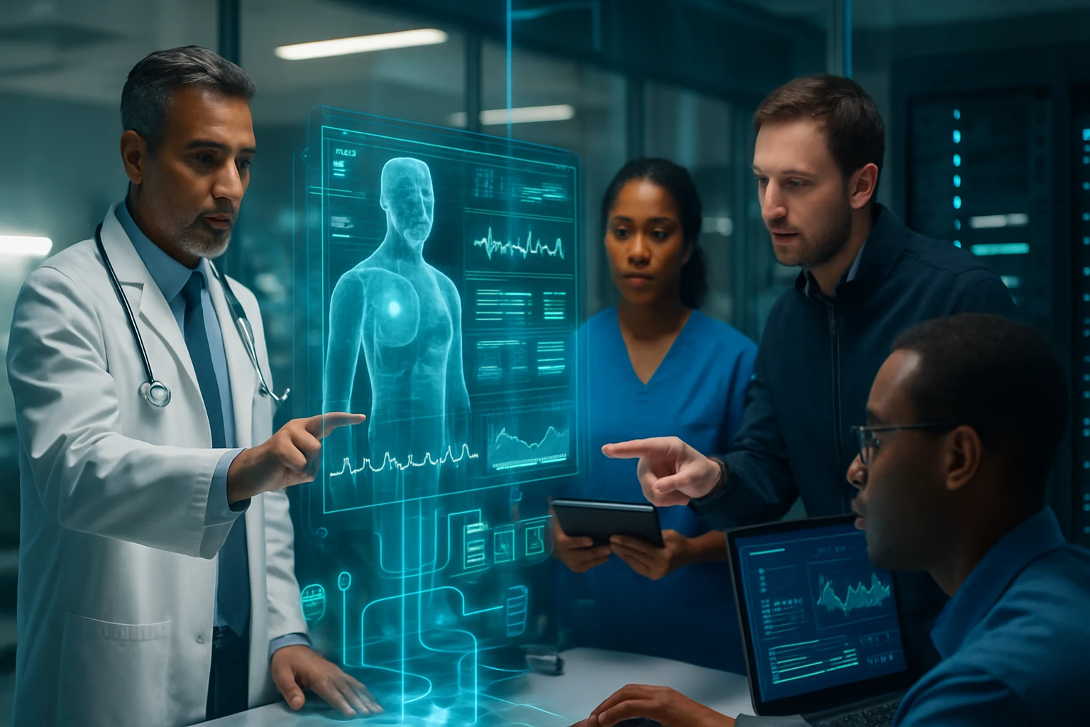 Orvosi csapat holografikus adatokat elemzi egy virtuális páciensről.