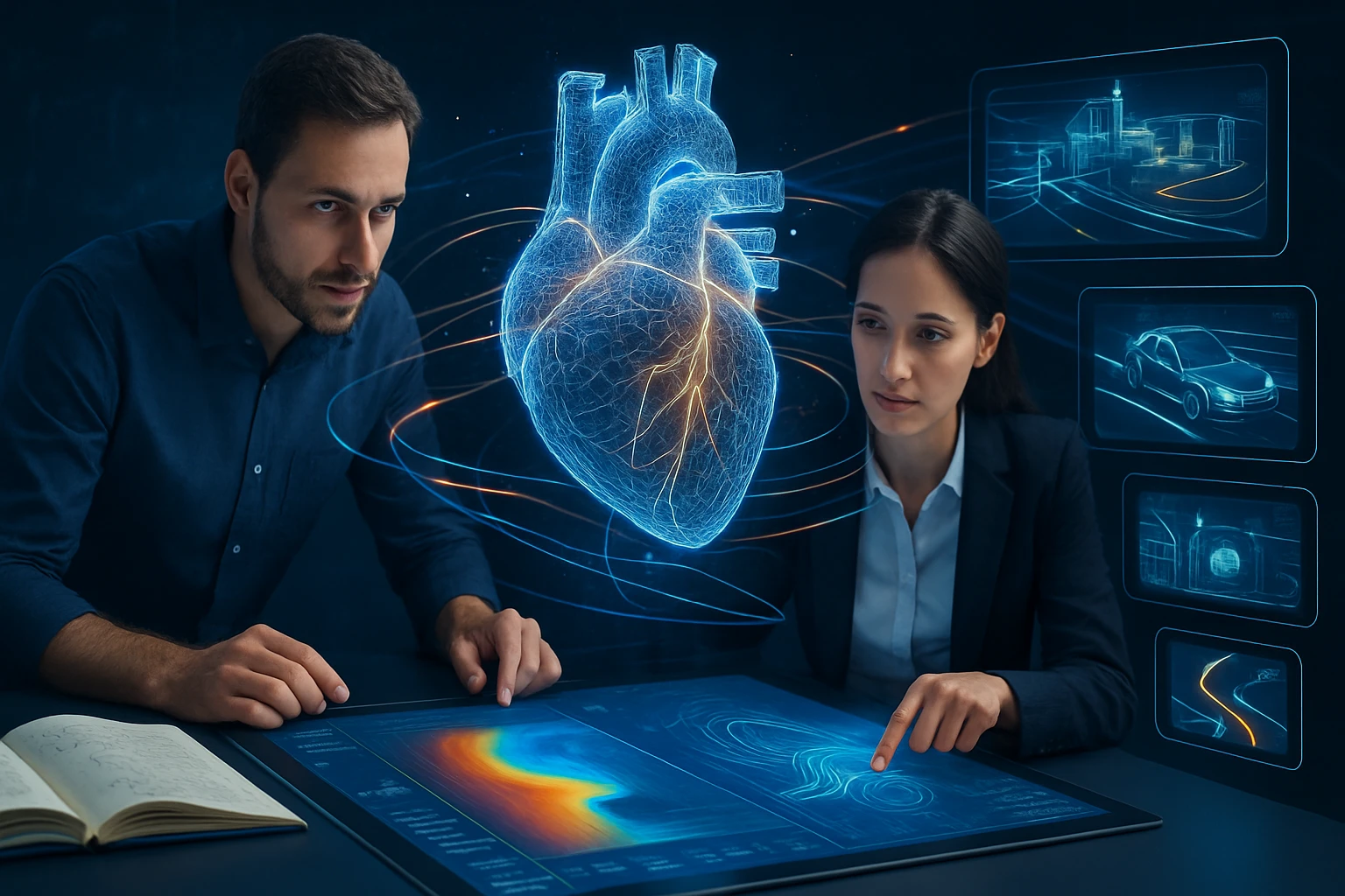 Két szakember egy holografikus szívmodellt tanulmányoz, modern technológiai környezetben.