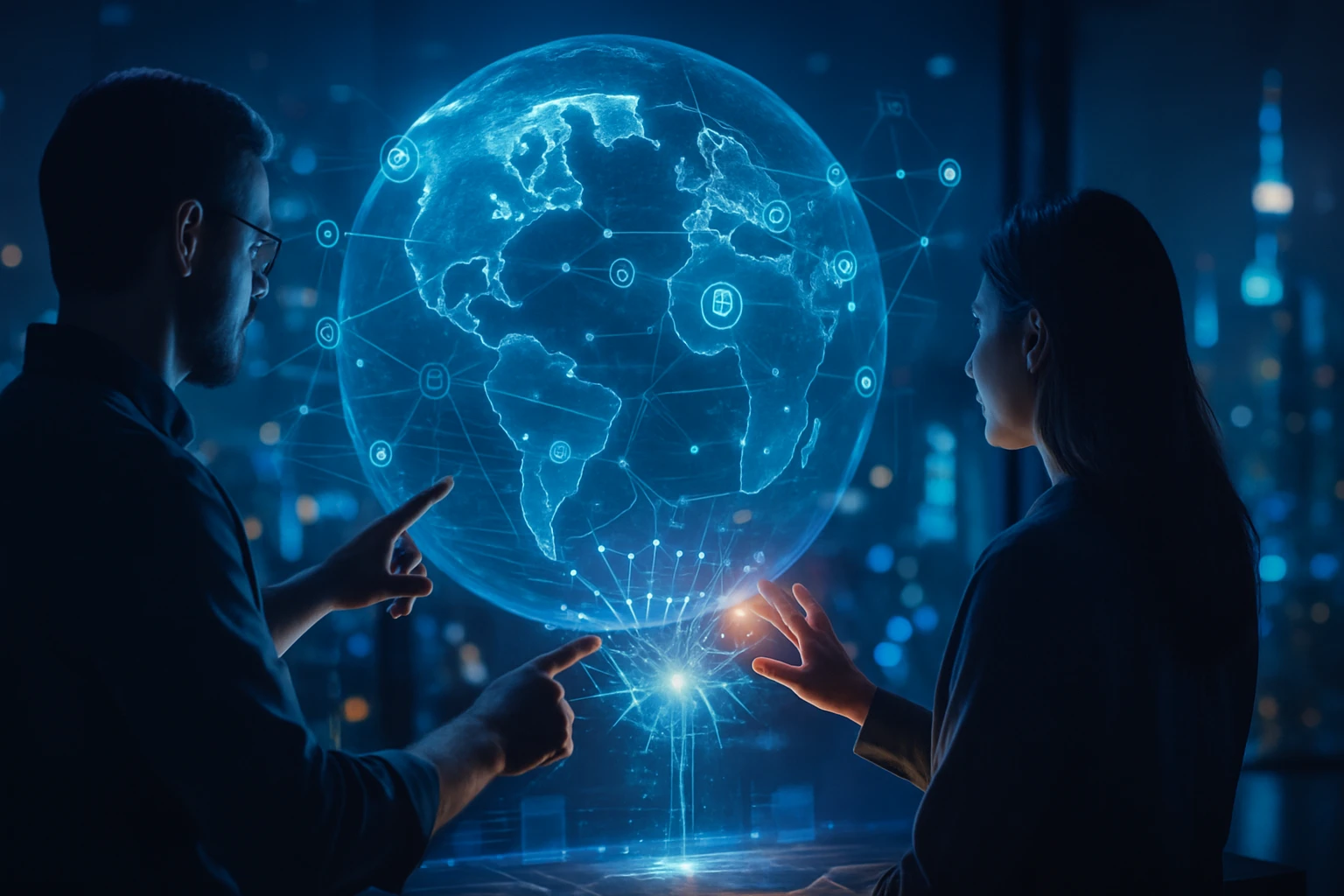 Két ember interaktívan mutat egy holografikus földgömbre, technológiai háttérrel.