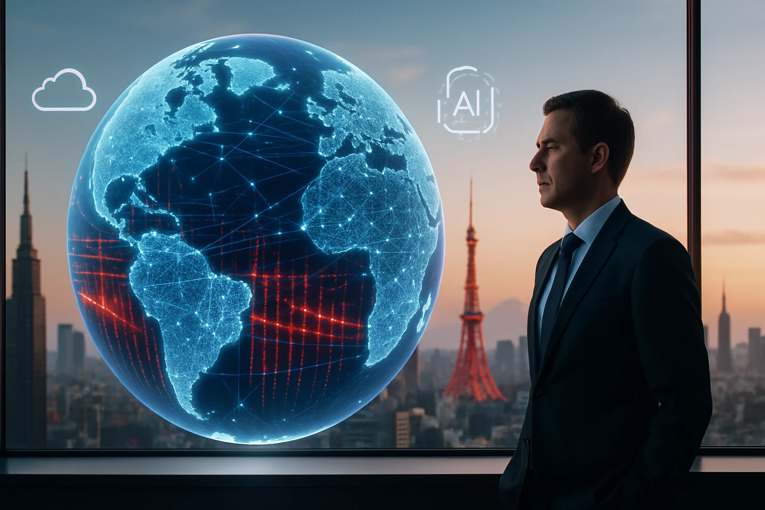 Egy férfi áll egy ablak előtt, mellette egy holografikus földgömb látható.