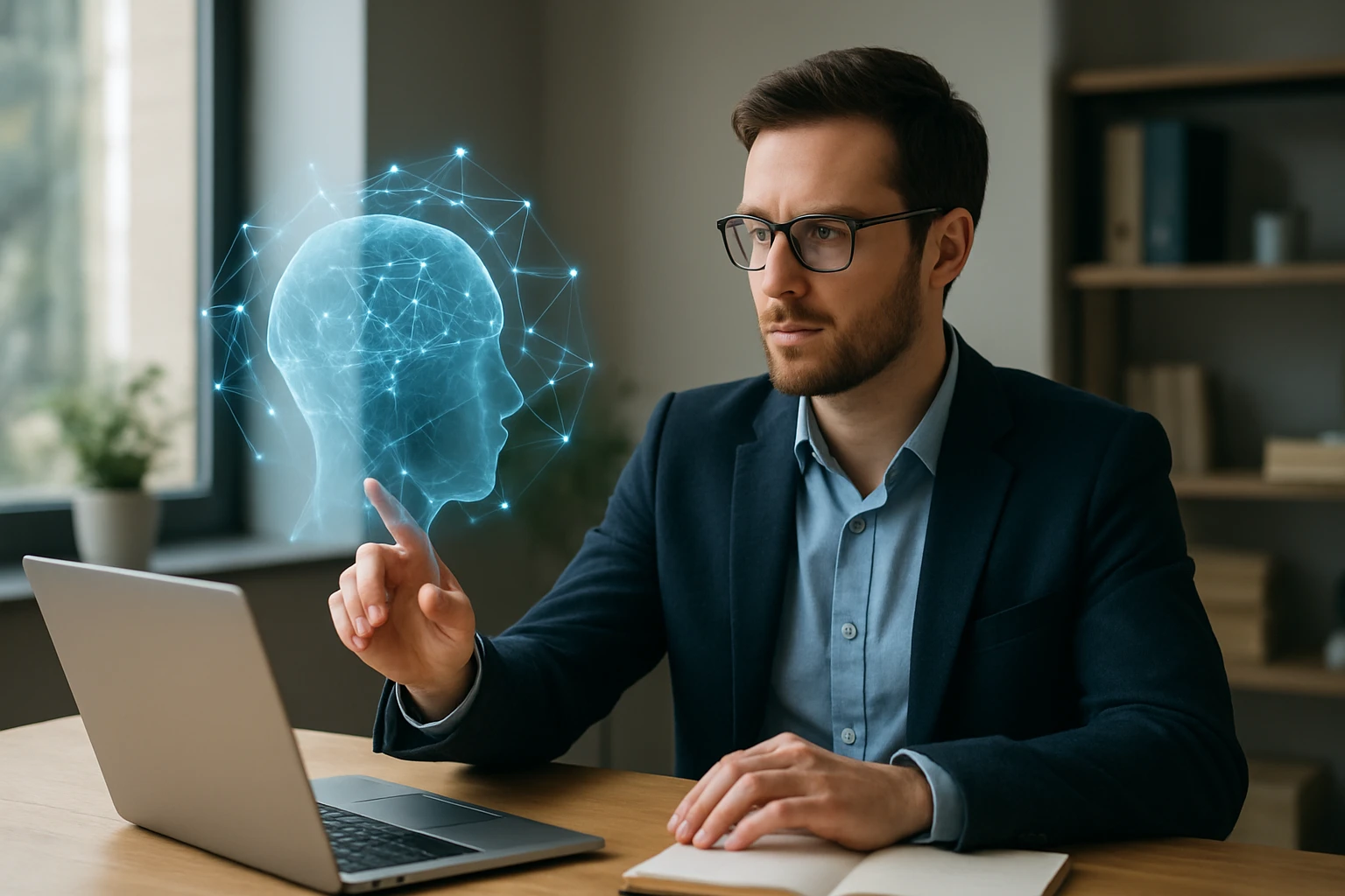 Egy férfi laptop előtt ül, kezével egy holografikus fejmodellt irányít.