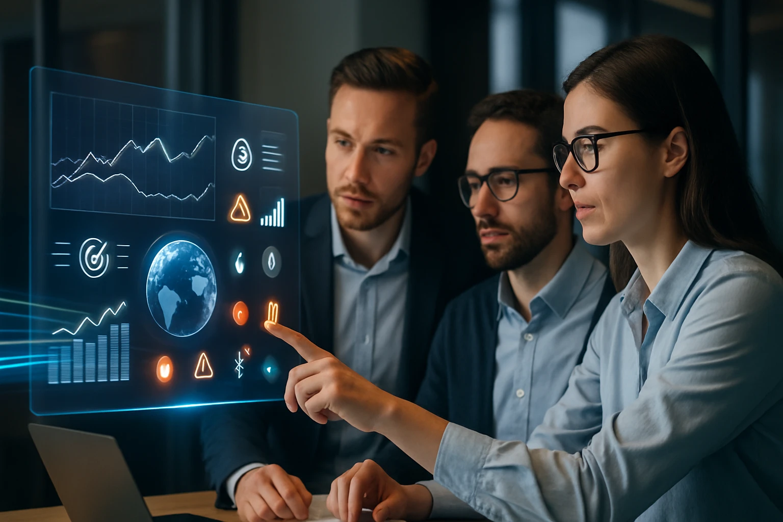Három ember egy holografikus kijelzőt néz, amely adatokkal és grafikonokkal van tele.