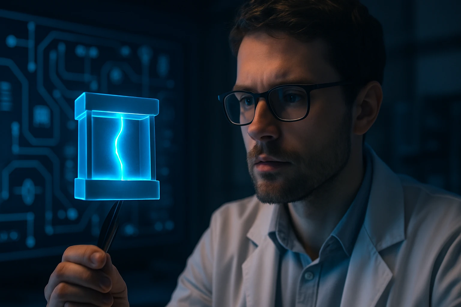 Egy tudós egy holografikus eszközt tart a kezében, amelyen elektromos ív látható.