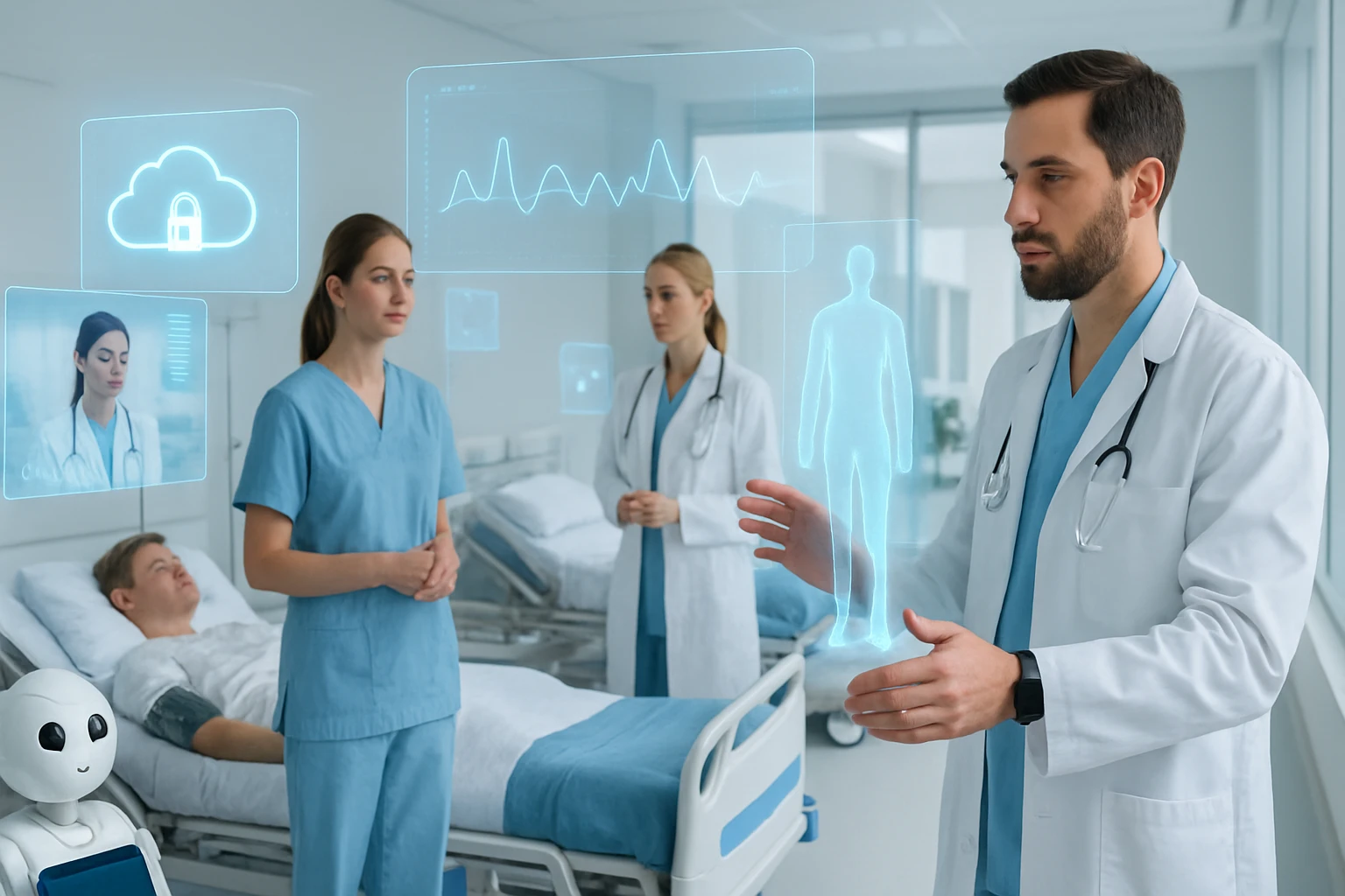 Orvosi környezetben, holografikus adatokkal dolgozó orvos és nővérek.