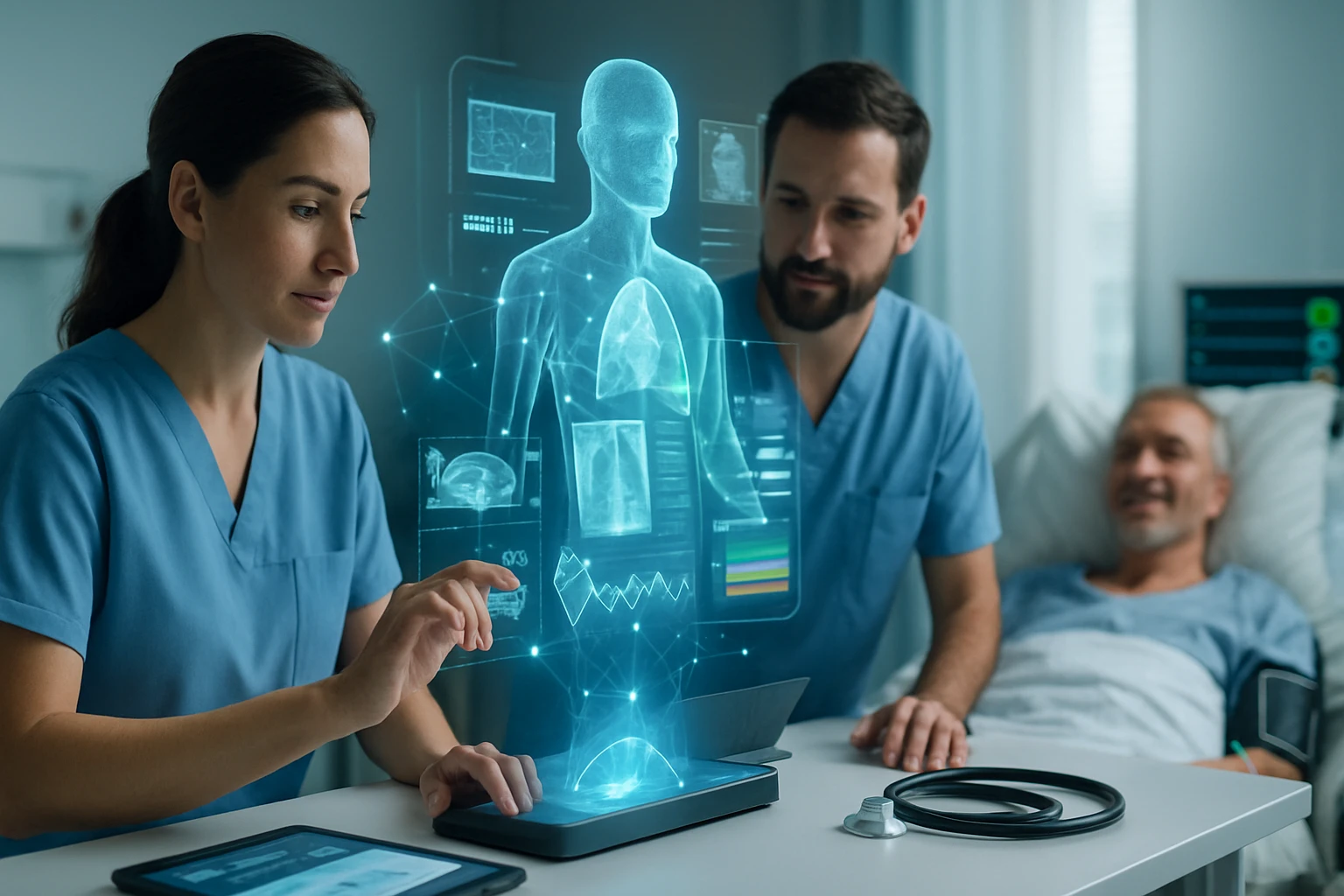 Két orvos egy holografikus emberi testet vizsgál, miközben egy beteg fekszik az ágyban.