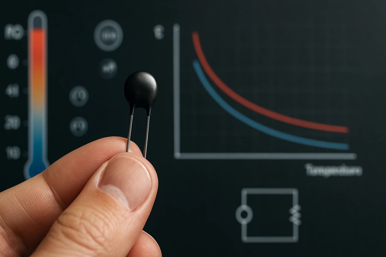 Egy kézben tartott hőmérséklet-érzékelő, háttérben grafikonokkal.