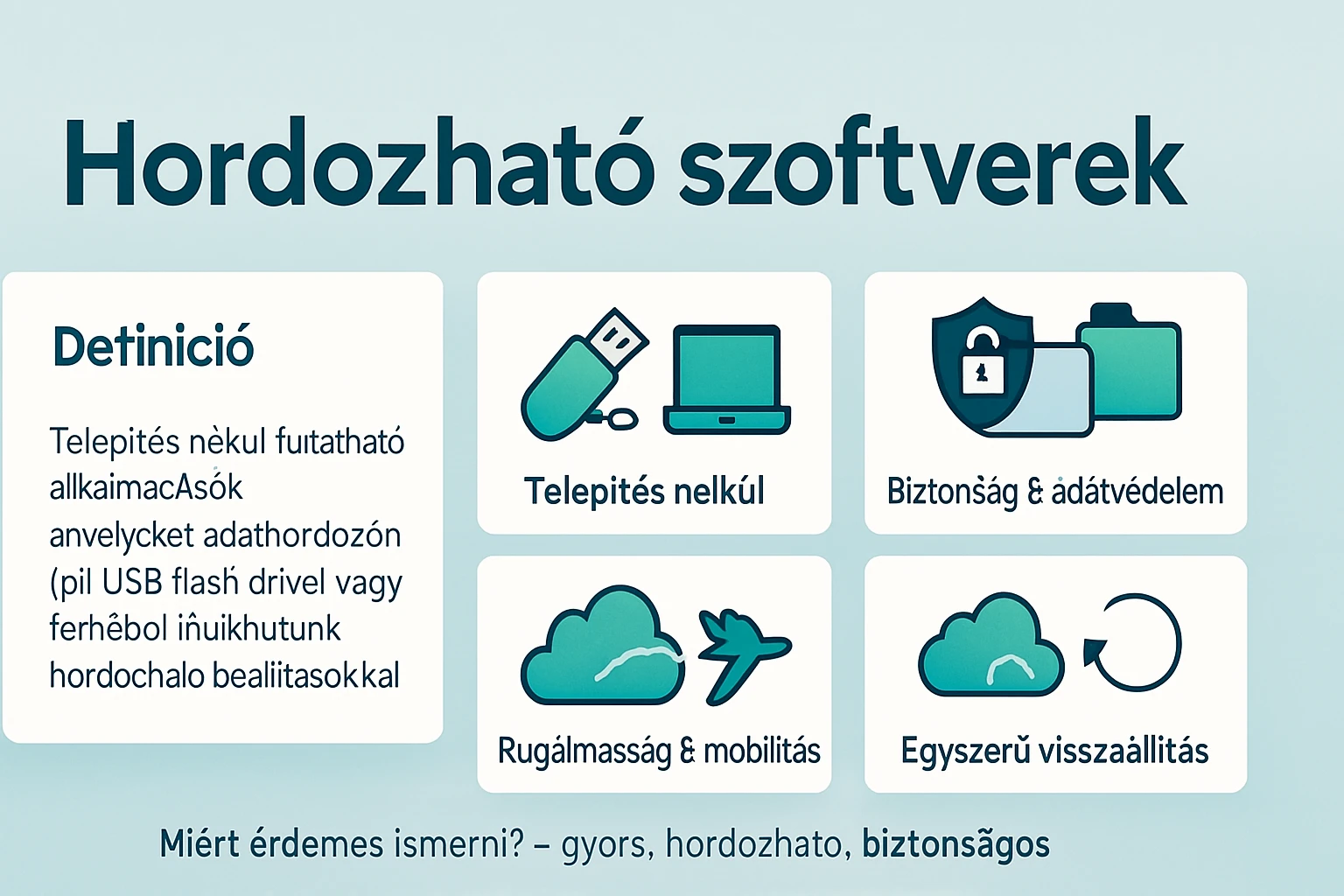 Hordozható szoftverek definíciója és előnyei, ikonokkal illusztrálva.