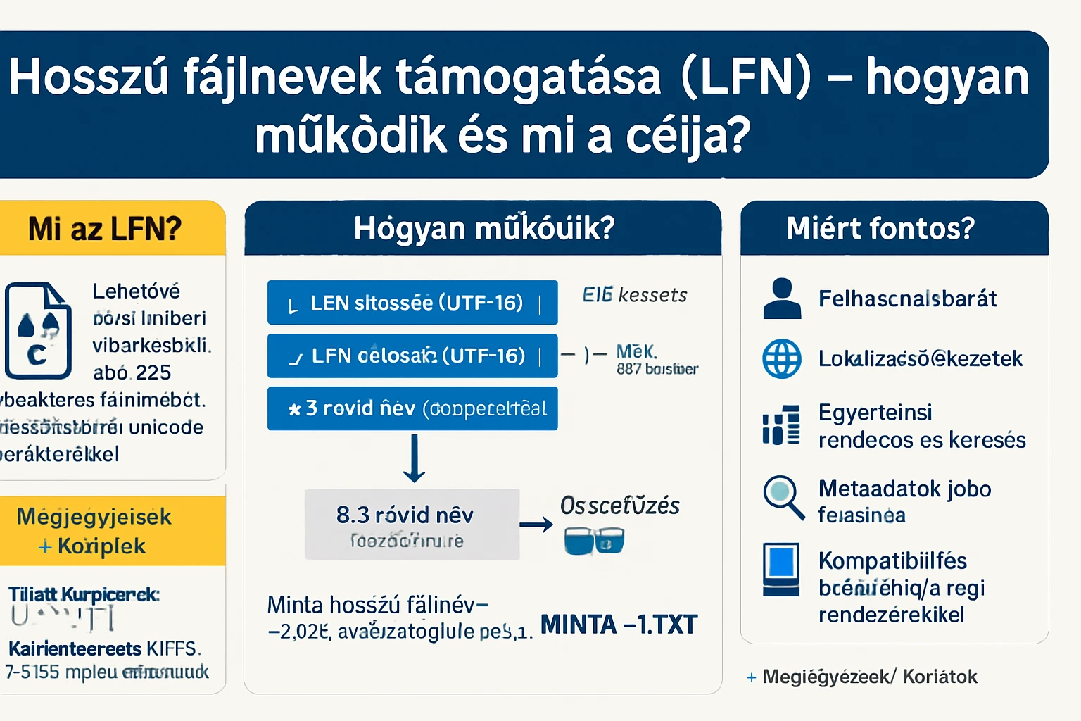 A hosszú fájlnevek támogatásának működését bemutató infografika.