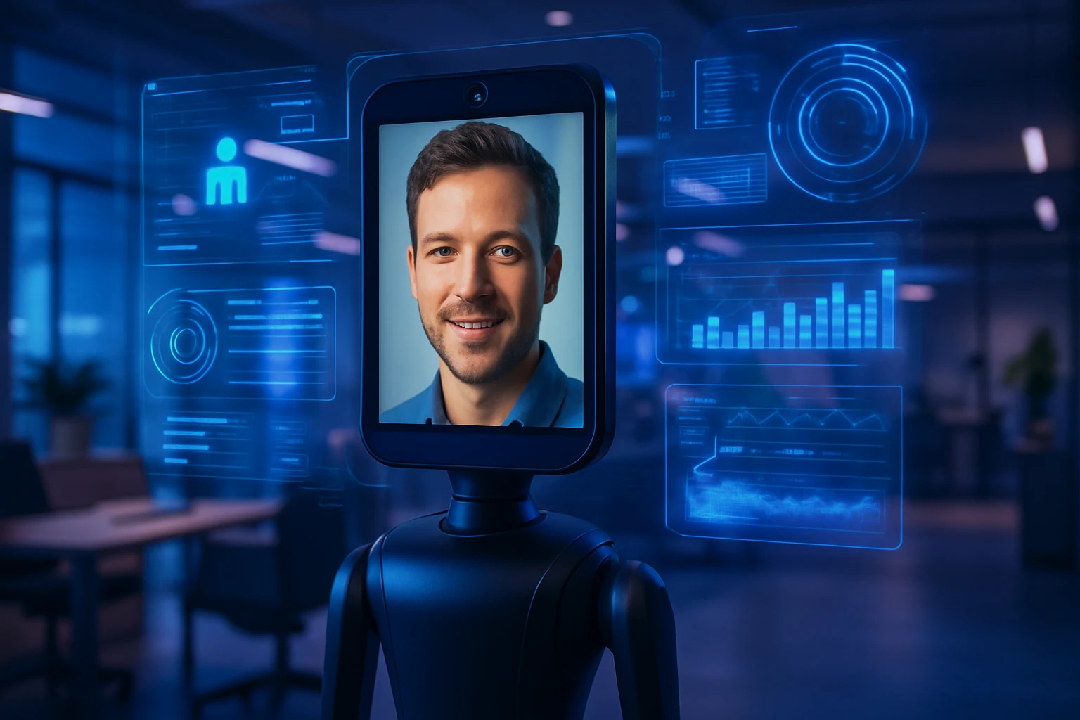Egy humanoid robot, amelynek arca egy képernyőn látható, háttérben digitális grafikonokkal.