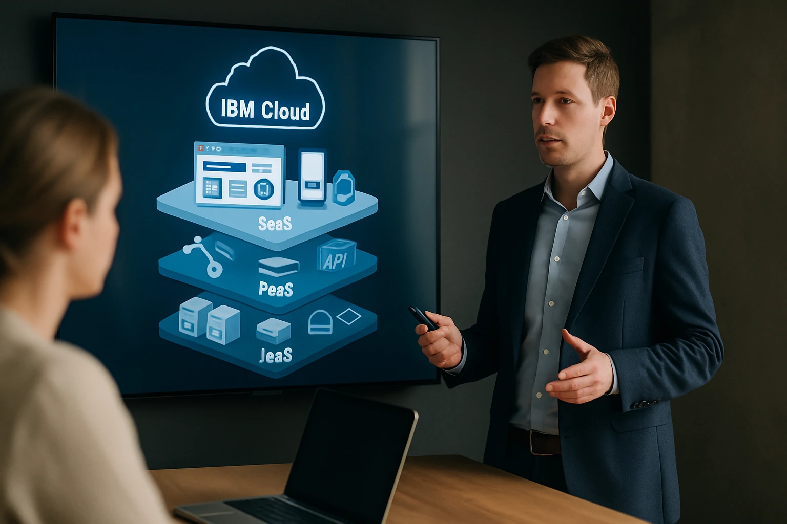 Egy férfi prezentál az IBM Cloud szolgáltatásairól, háttérben grafika.