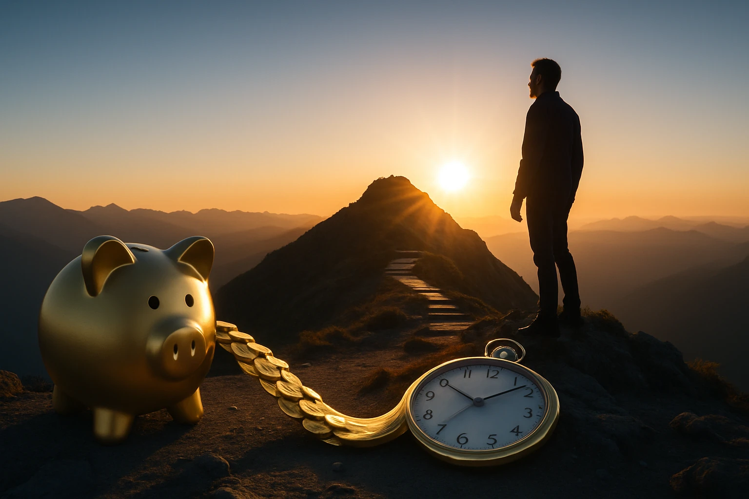 Egy férfi áll a hegytetőn, arany malacpersely és zsebóra mellett naplementében.