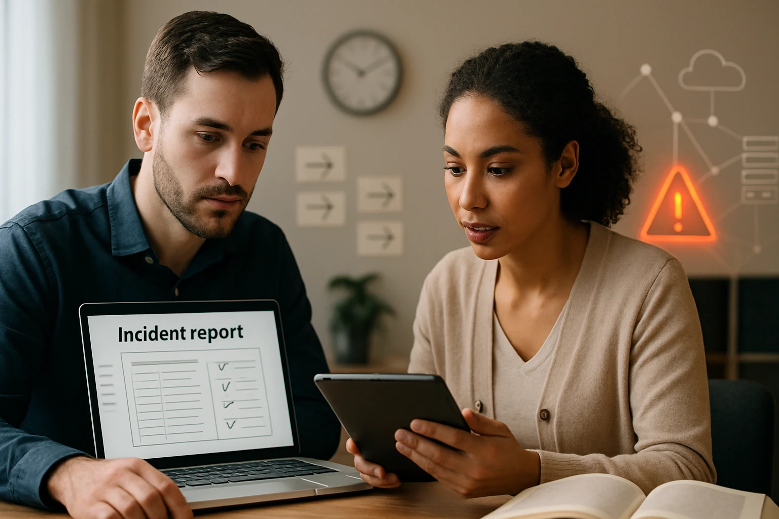Két ember egy laptop és egy tablet előtt, incident reportot néznek.