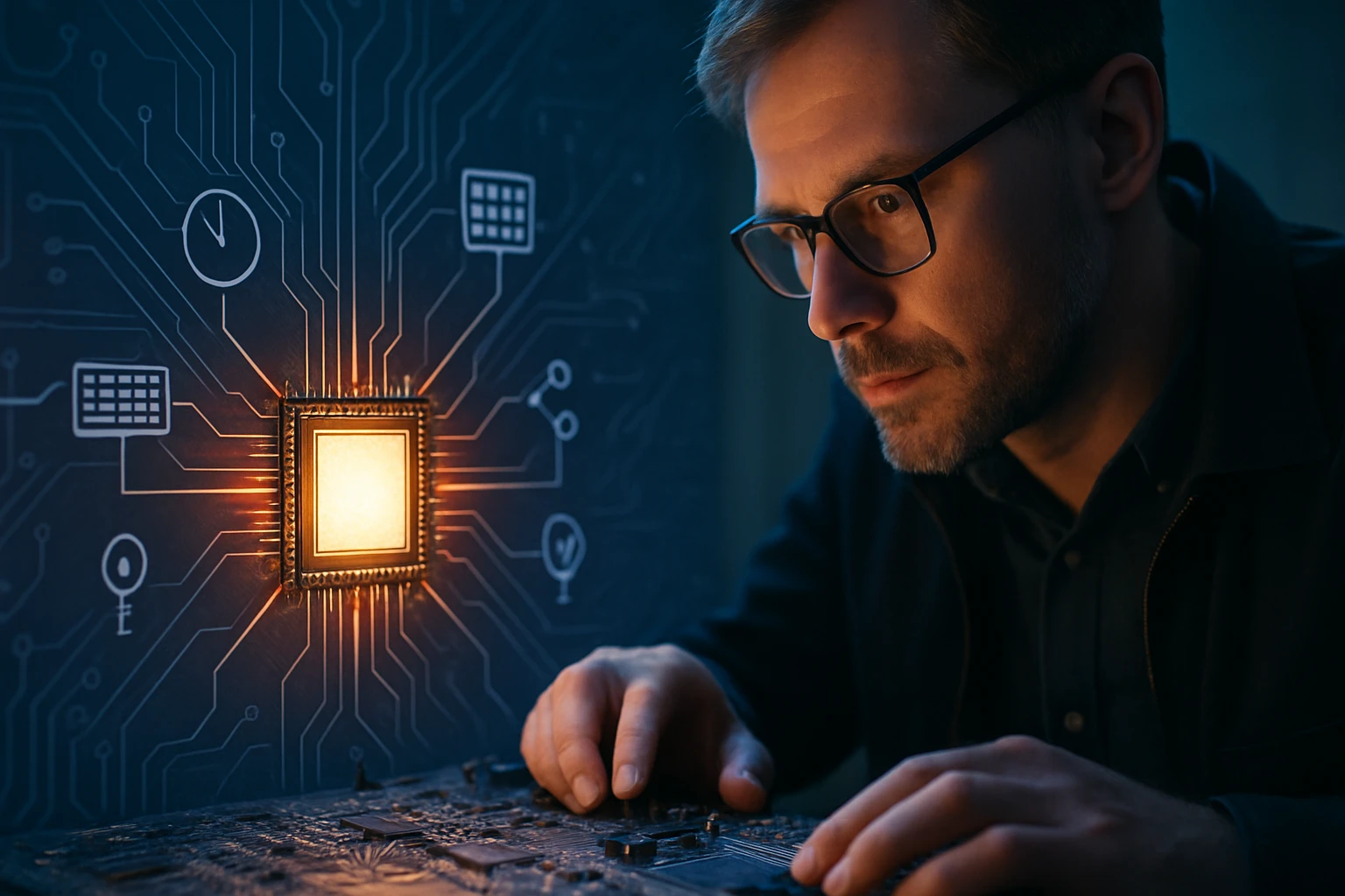 Egy férfi közelről vizsgál egy számítógépes áramkört, háttérben világító chip.