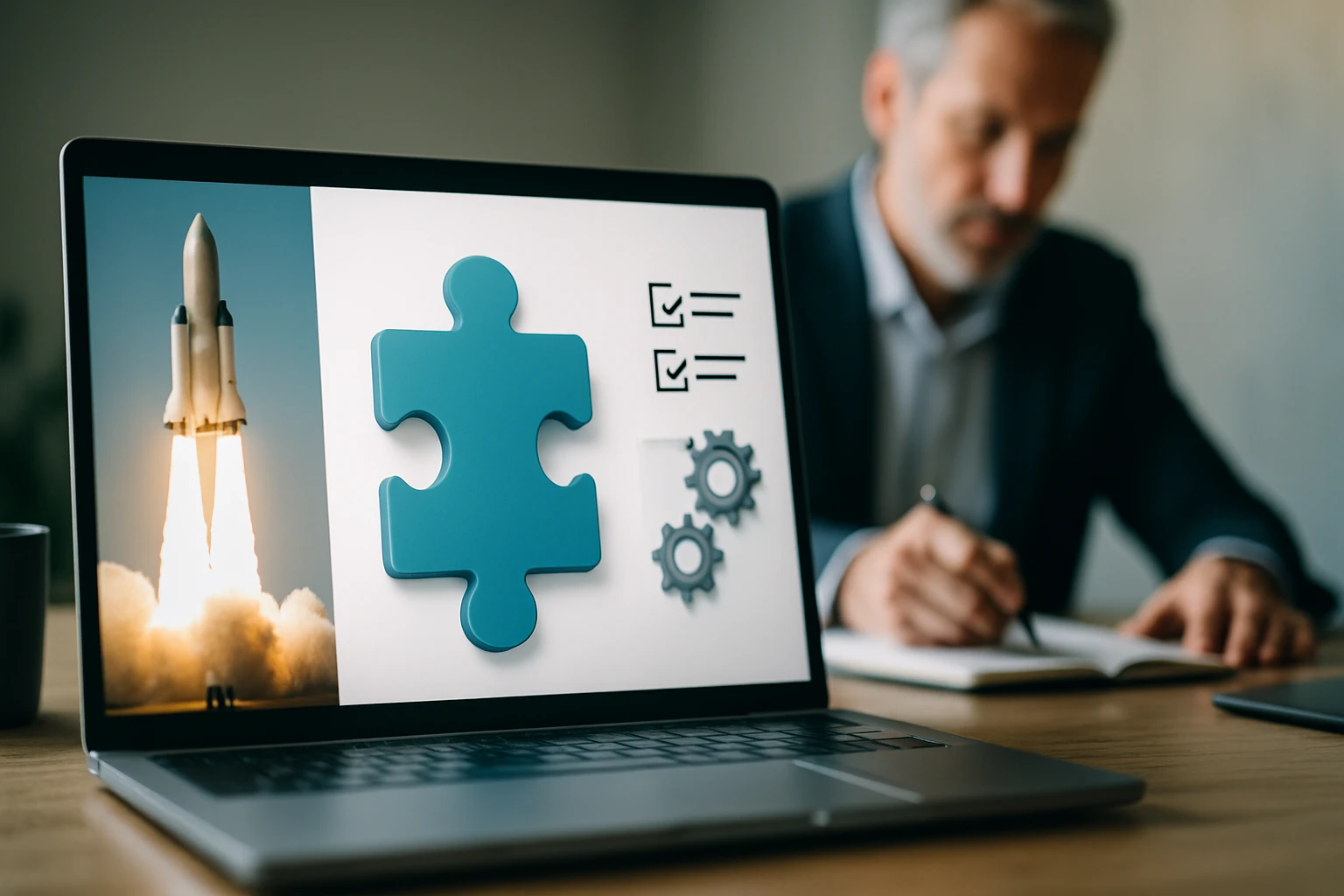 Egy laptop képernyőjén rakétaindítás és fogaskerekek láthatók.