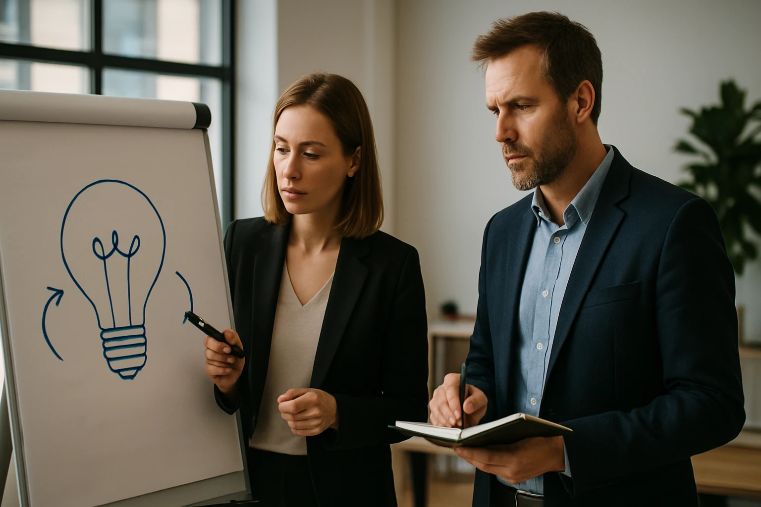 Két üzletember egy flipchart előtt, ahol egy izzórajz látható.