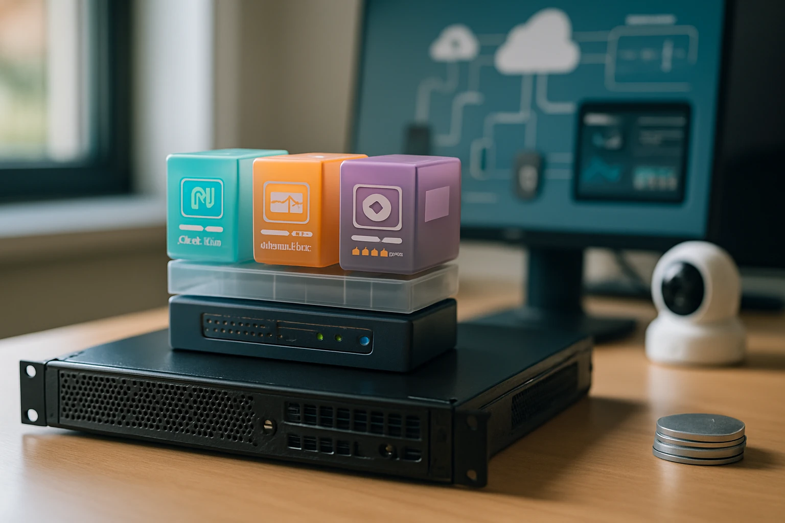 Színes adatblokkok egy számítógép mellett, amely a digitális tárolást jelképezi.