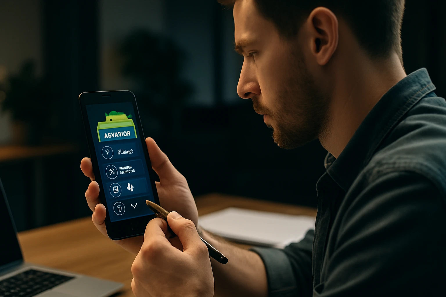 Egy férfi okostelefonon egy alkalmazást használ, figyelmesen nézi a képernyőt.