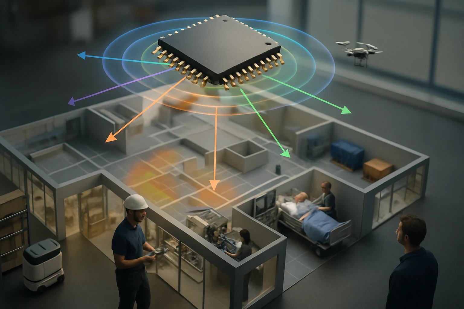 Egy chip lebeg a kórház makettje felett, adatokat küldve különböző irányokba.