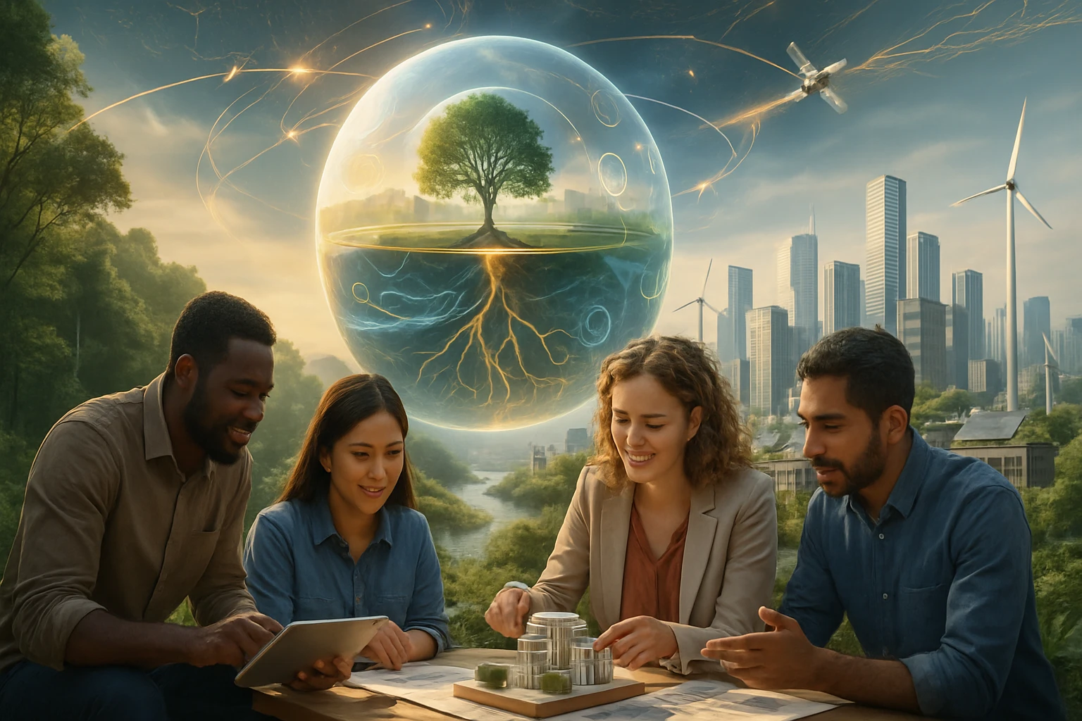 Négy fiatal szakember együtt dolgozik egy innovatív projektterven, háttérben zöld technológiával.