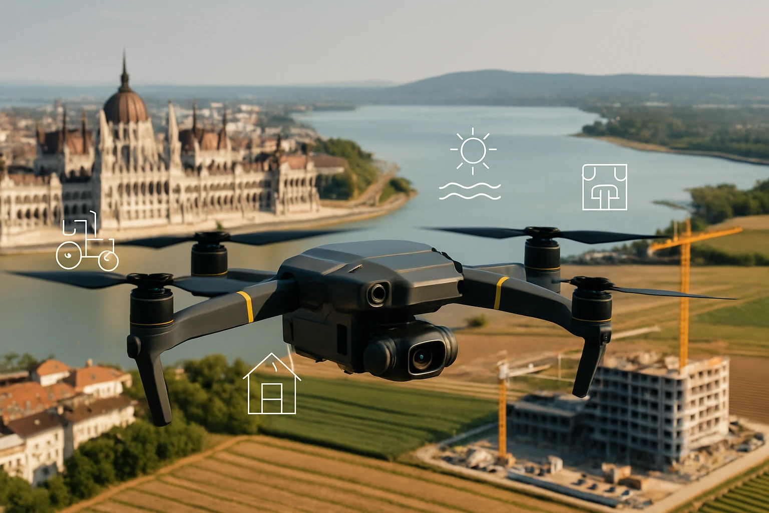 Egy drón repül a Duna felett, háttérben a Parlament épülete látható.