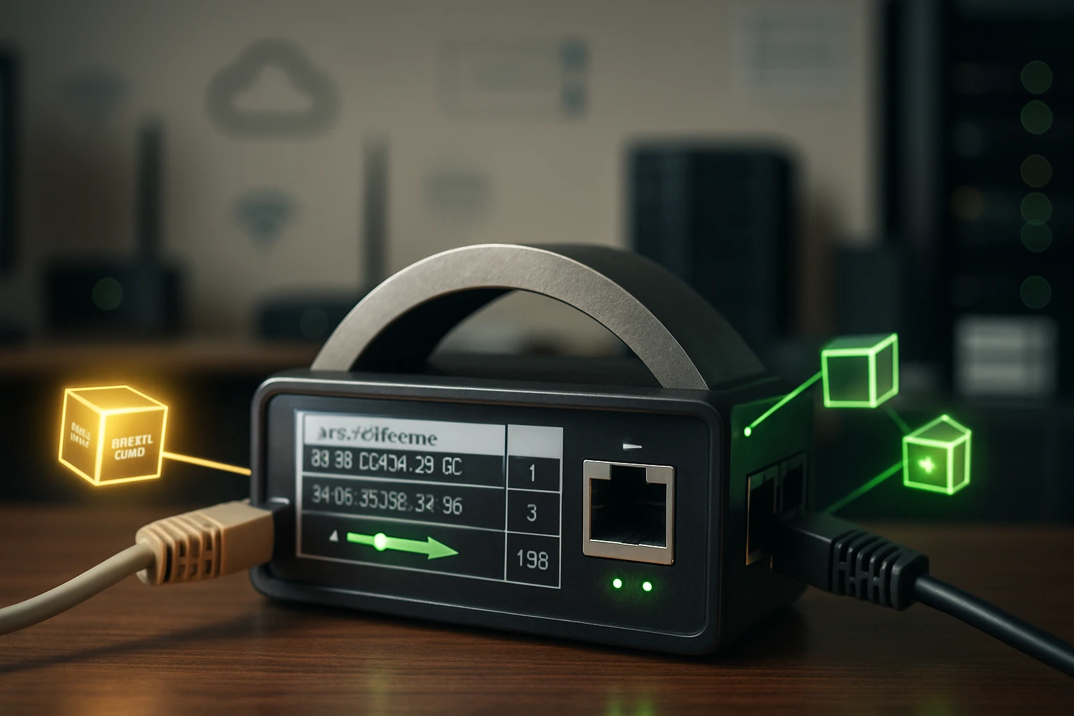 Egy modern hálózati eszköz, amely adatokat jelenít meg és csatlakozók találhatók rajta.