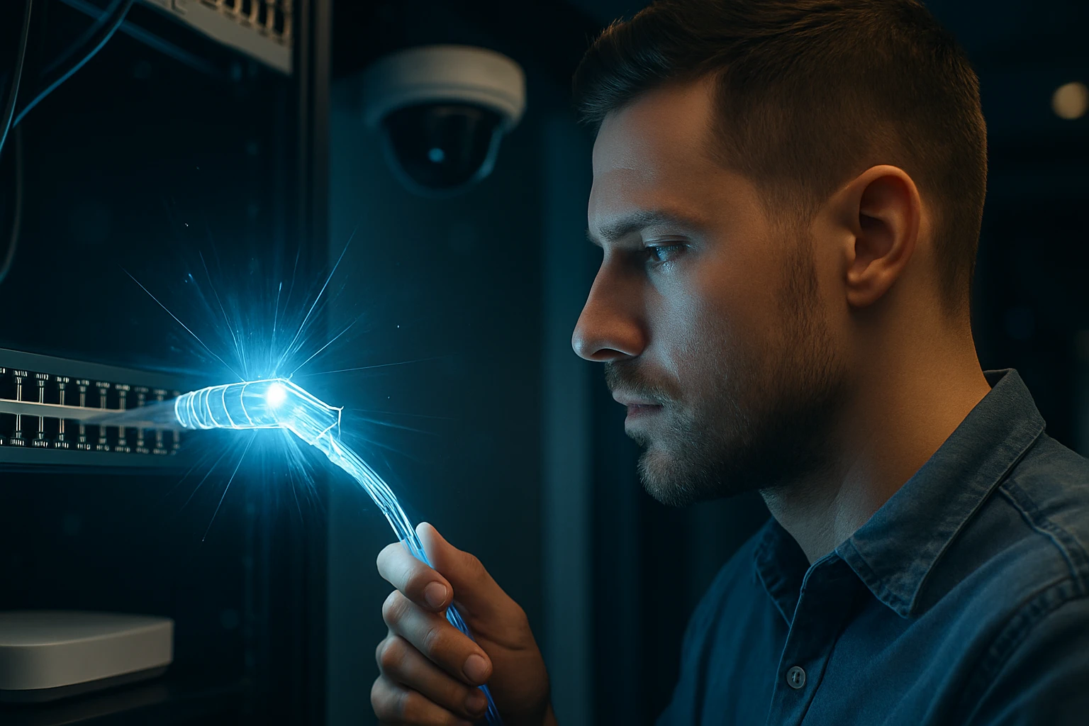 Egy férfi figyelmesen nézi a világító kábelt, amelyet a hálózati eszközbe csatlakoztat.