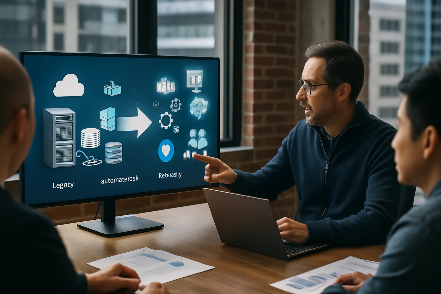 Egy férfi prezentál egy számítógép képernyőjén látható adatokat egy megbeszélés során.