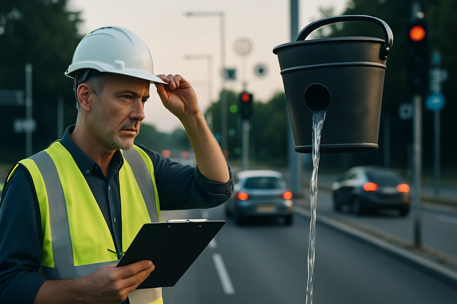 Egy férfi, sárga fényvisszaverő mellényben és sisakban, egy vizes vödröt figyel az úton.