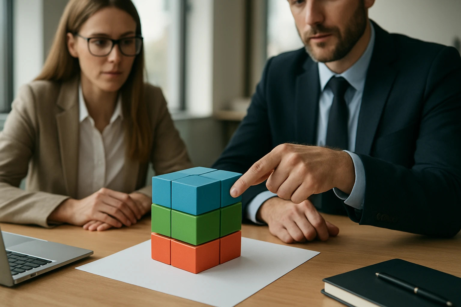 Két üzletember egy színes blokkhalmazt vizsgál, az egyik mutat rá.