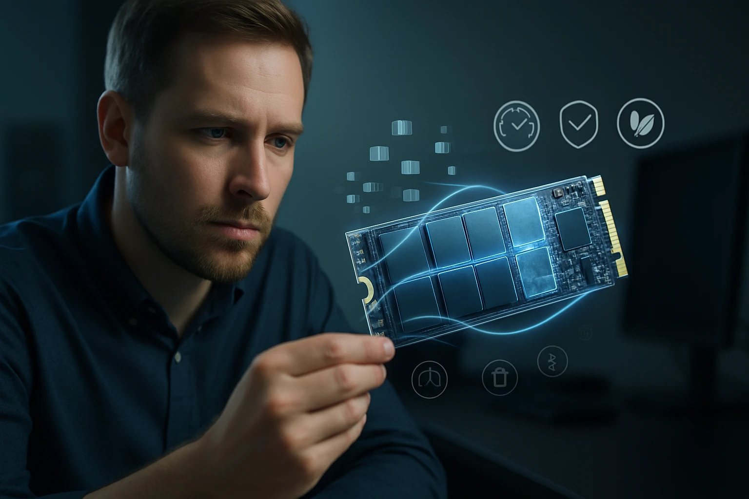 Egy férfi figyelmesen nézi a kezében tartott memória modult, háttérben technológiai ikonokkal.