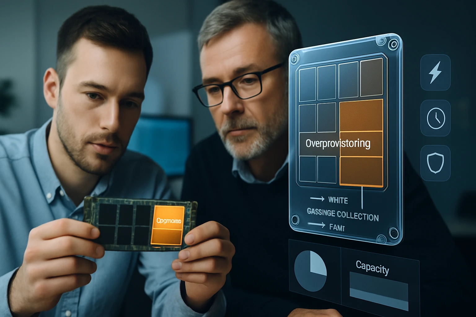 Két férfi egy modern munkahelyen egy memóriamodult vizsgál, digitális kijelző mellett.