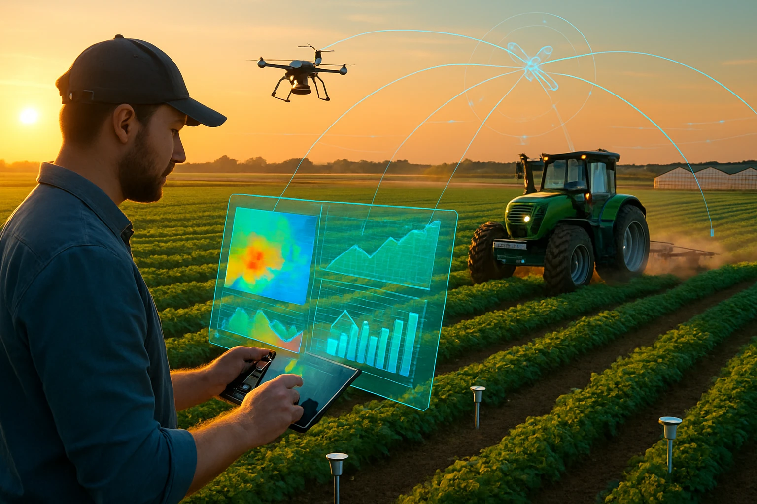 Egy férfi drónnal és táblagéppel figyeli a mezőgazdasági adatokat naplementében.