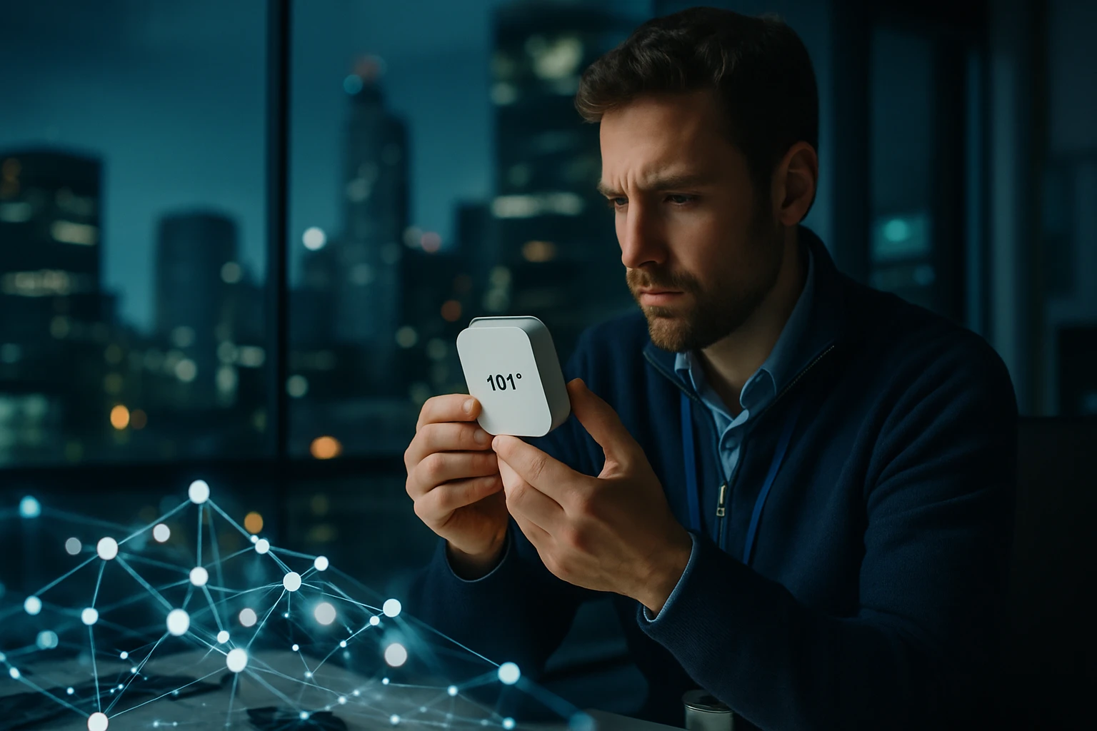 Egy férfi a kezében tart egy okoseszközt, amely 101°-ot mutat, háttérben városi táj.