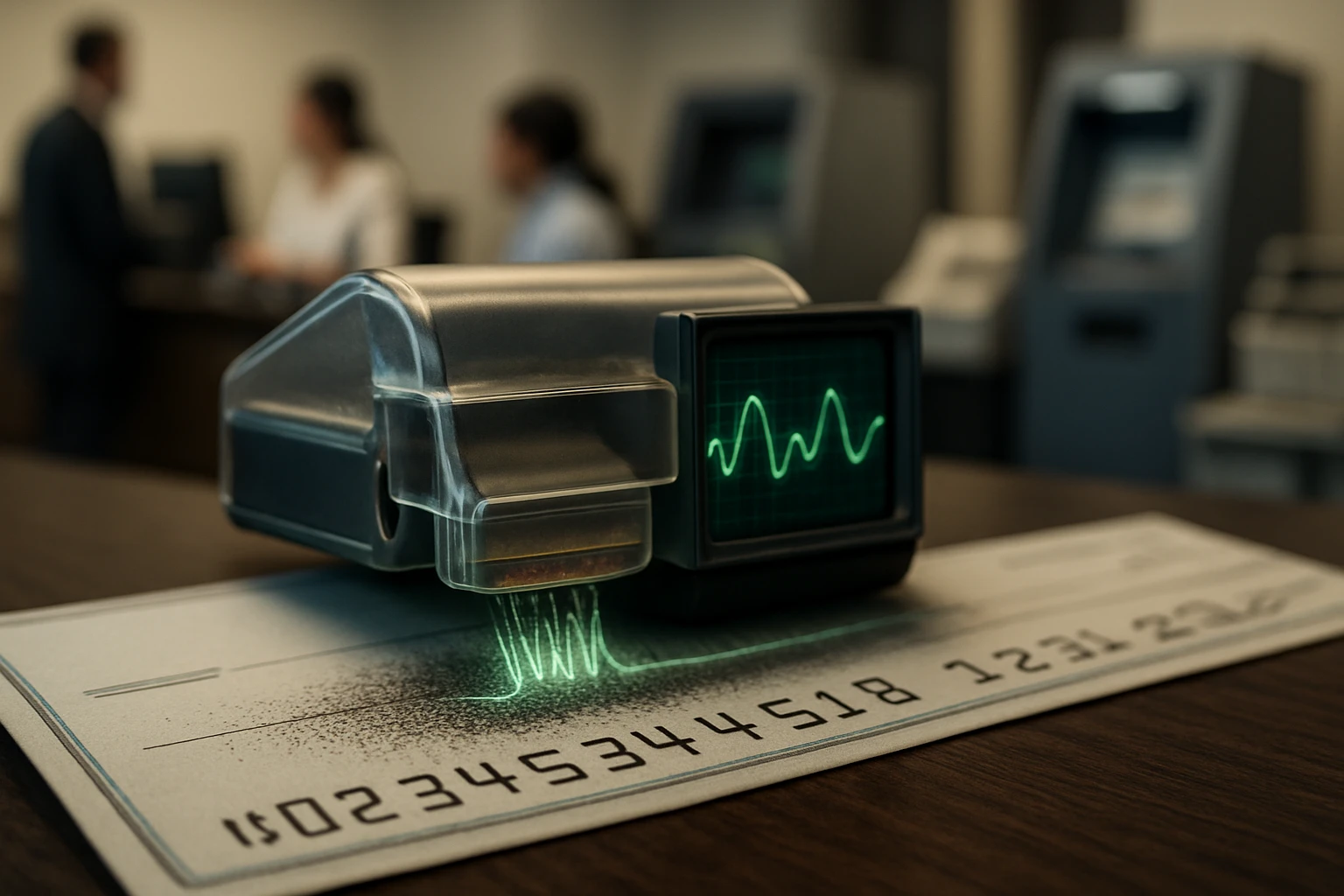 Egy pénzügyi tranzakciót rögzítő eszköz, zöld hullámformával a képernyőn.