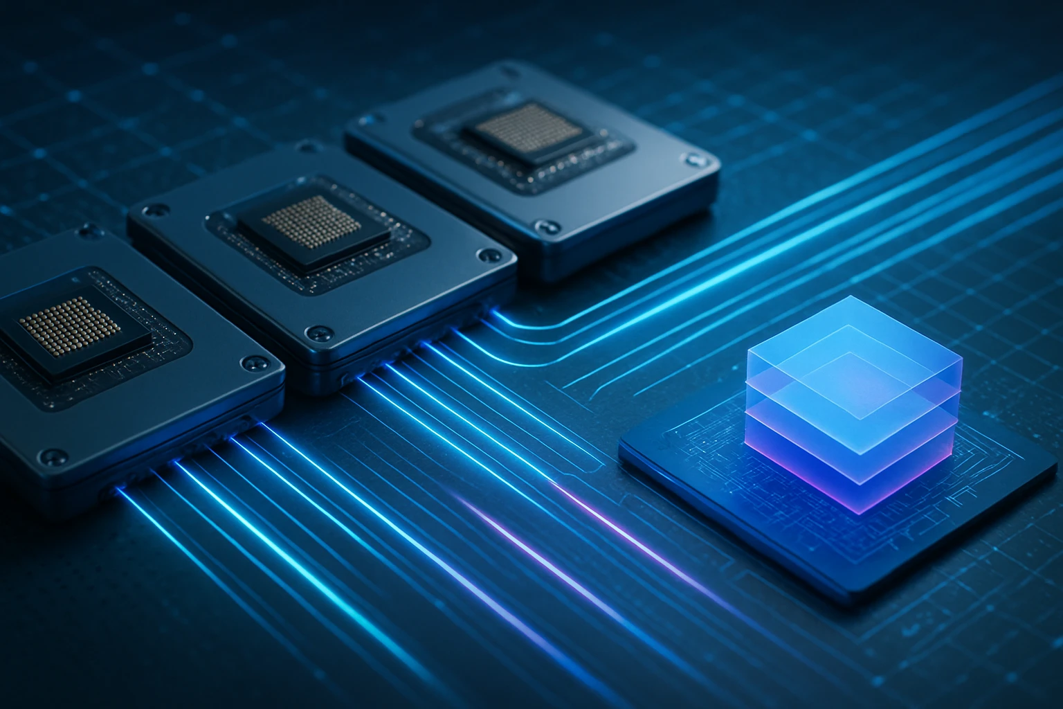 Különböző processzorok és egy áttetsző, rétegezett chip látható egy sötét háttéren.