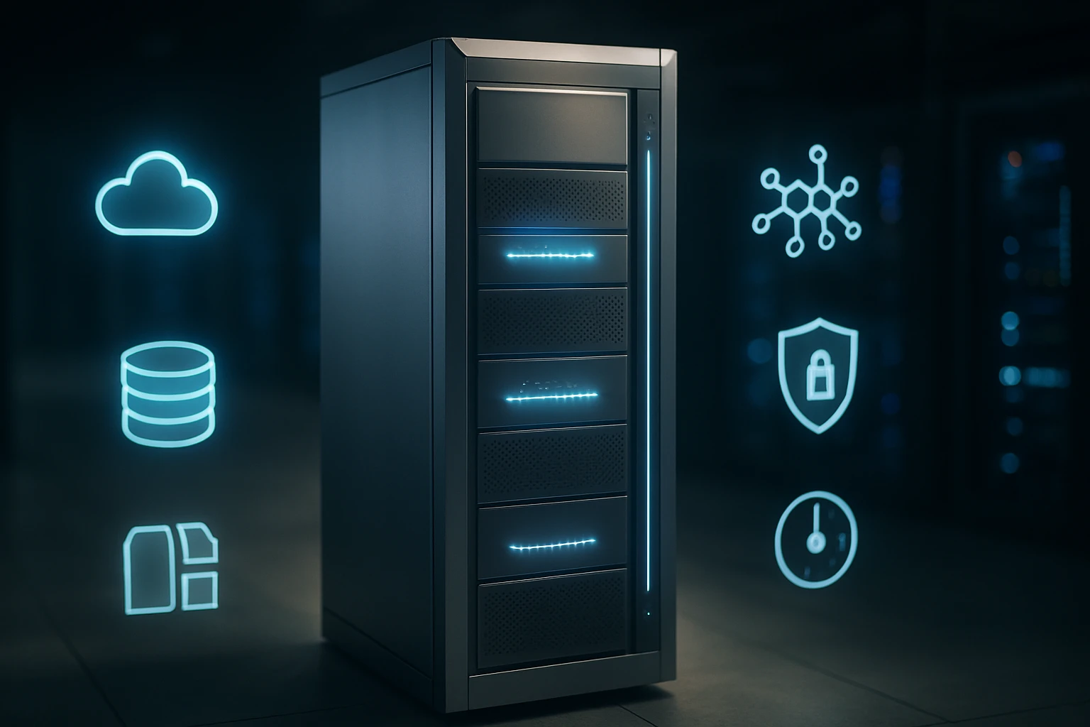 Modern számítógép ház, kék fényekkel és adatbiztonsági ikonokkal.