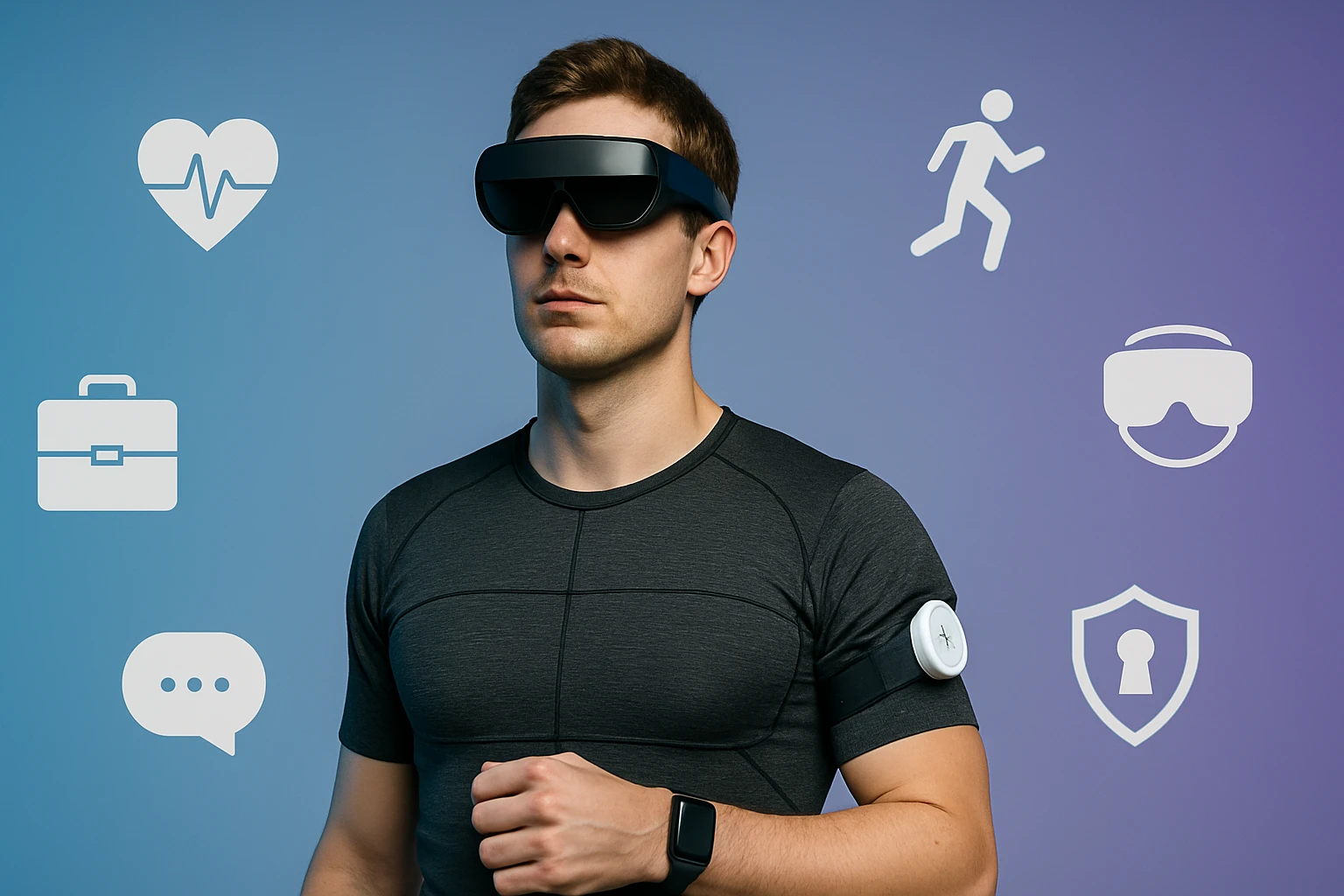 Egy férfi visel okos szemüveget és sportos felsőt, körülötte technológiai ikonok.