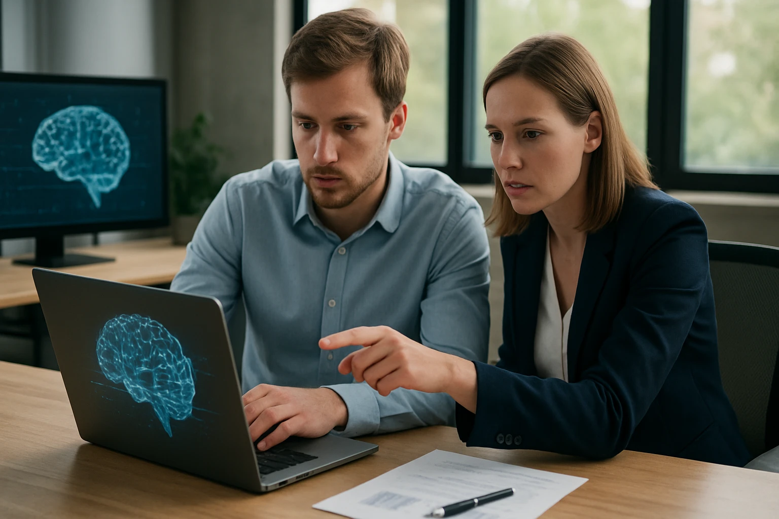 Két szakember egy laptop előtt ül, a képernyőn agy grafikával.