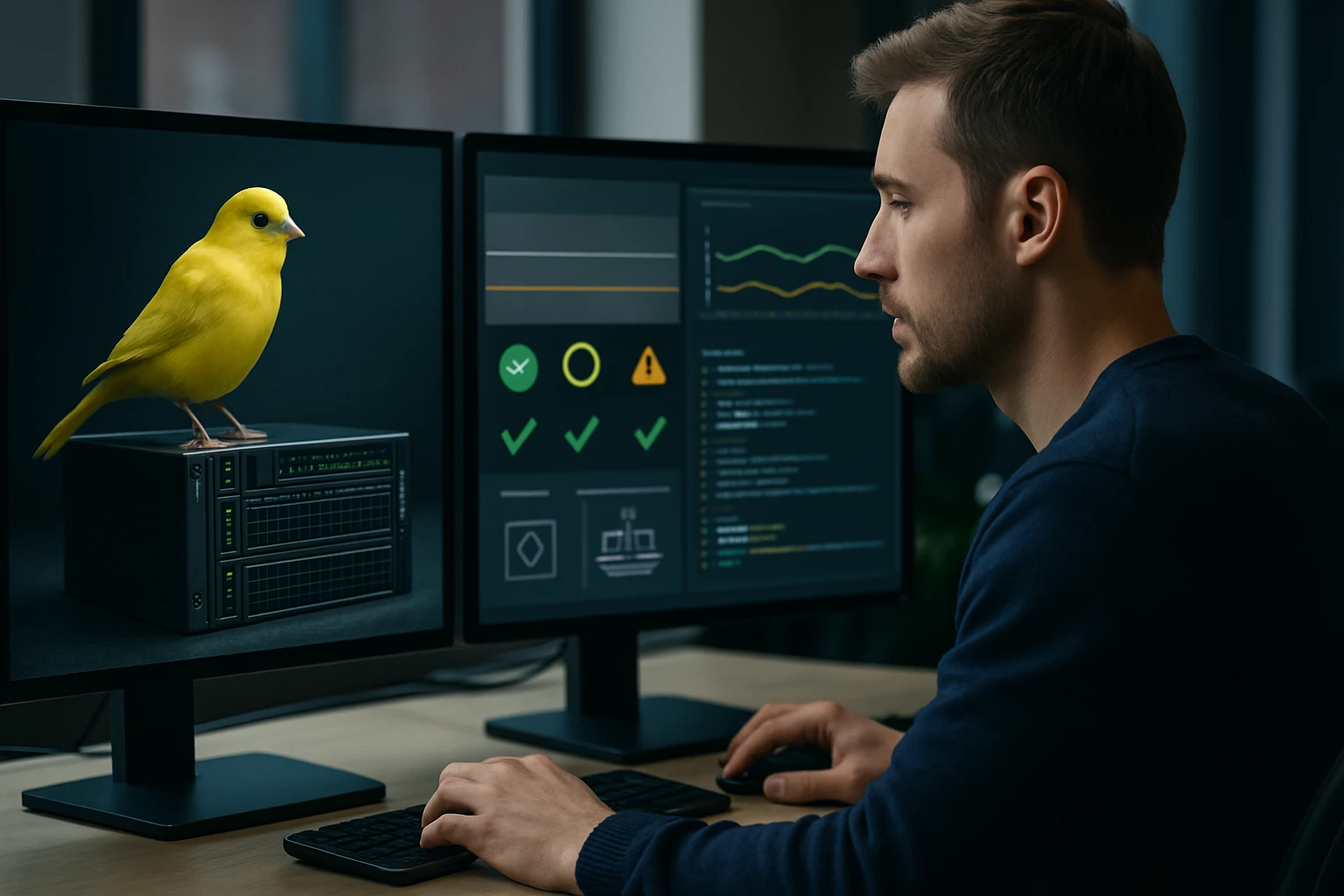 Egy férfi számítógép előtt ül, miközben egy sárga kanári a monitoron áll.